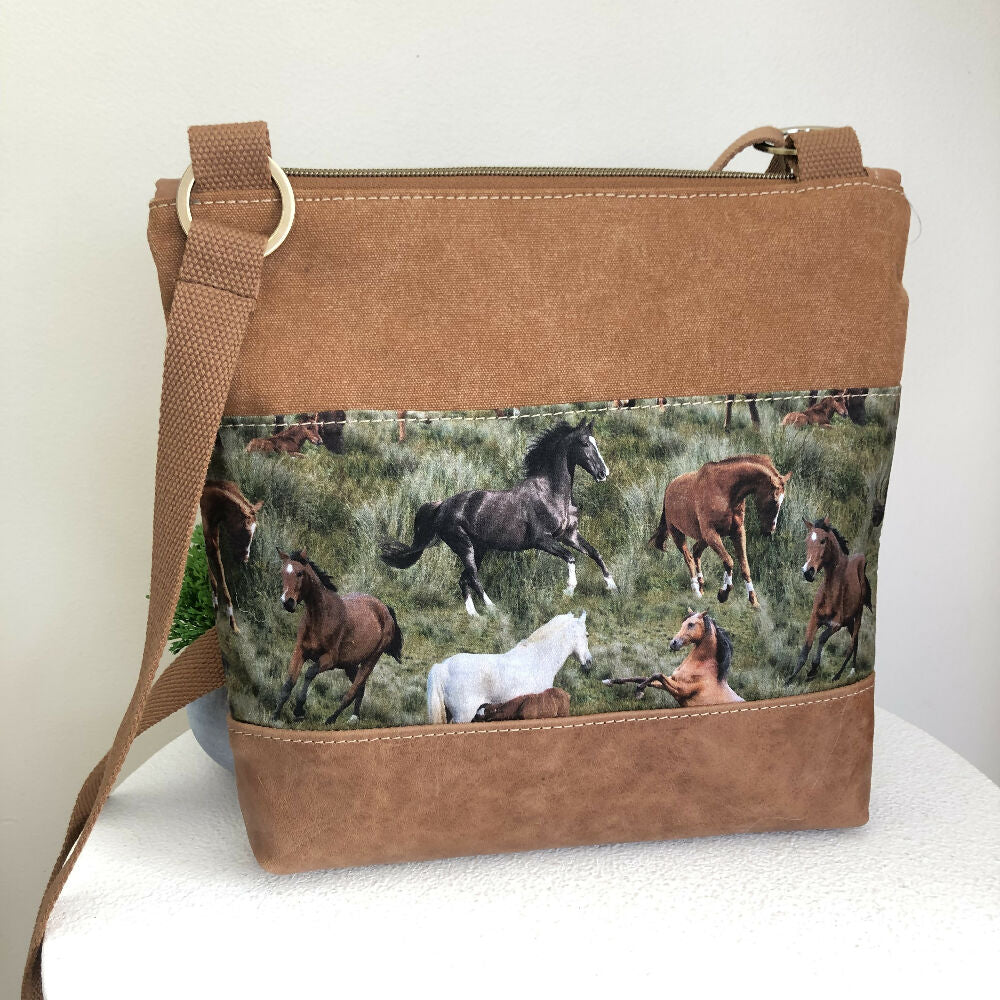 Tan Canvas and Genuine Leather Crossbody Bag with Wild Horses