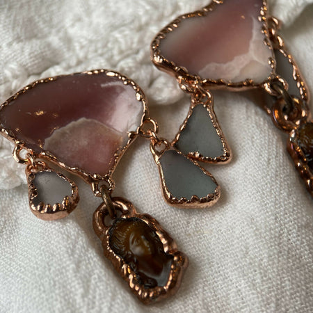 Pink Shell, Sea Glass and Vintage Cameo Stud/Chandelier Earrings