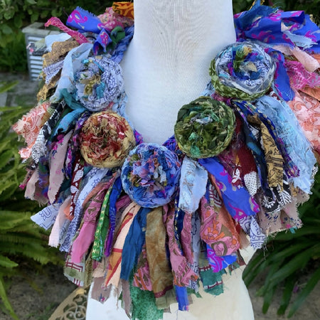 Boho flower necklace, statement piece, recycled silk