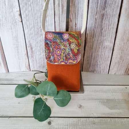 Handmade mini mobile phone crossbody bag - terracotta & indigenous print