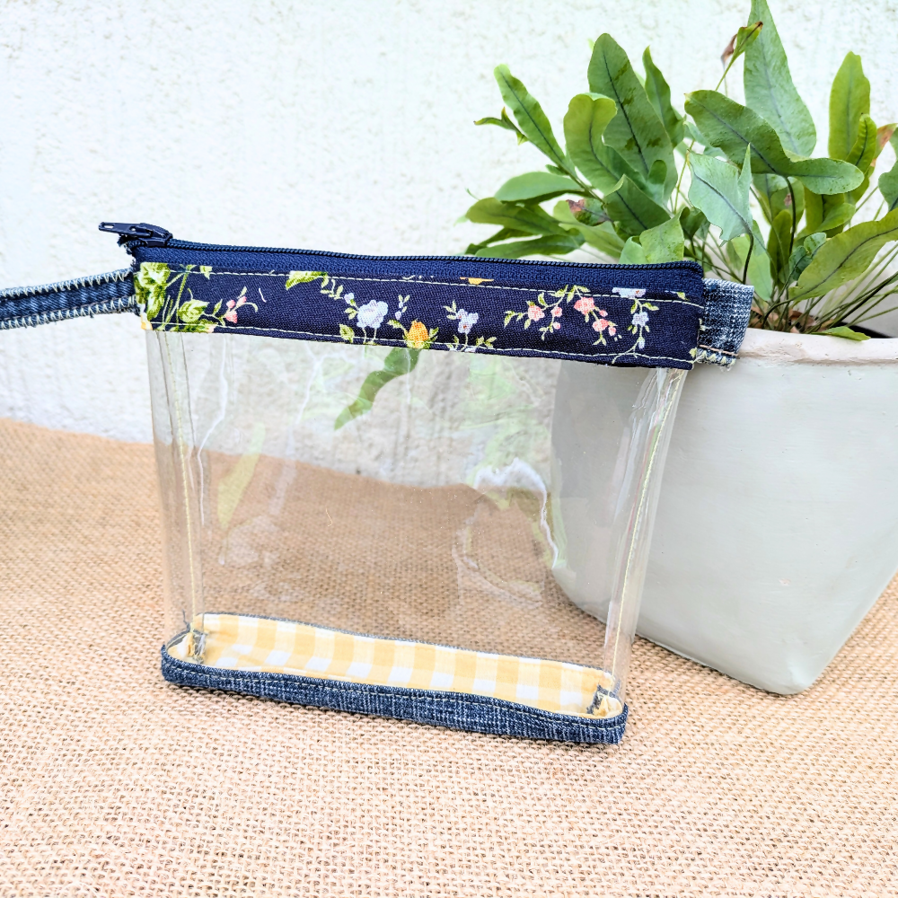 Travel Pouch Clear Organiser upcycled Denim Yellow Roses and Gingham