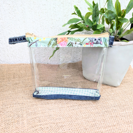 Clear Pouch with Upcycled Denim base Green Possum