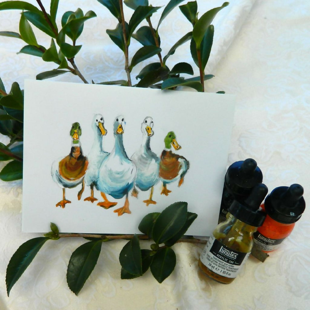 duck card with leaves and ink