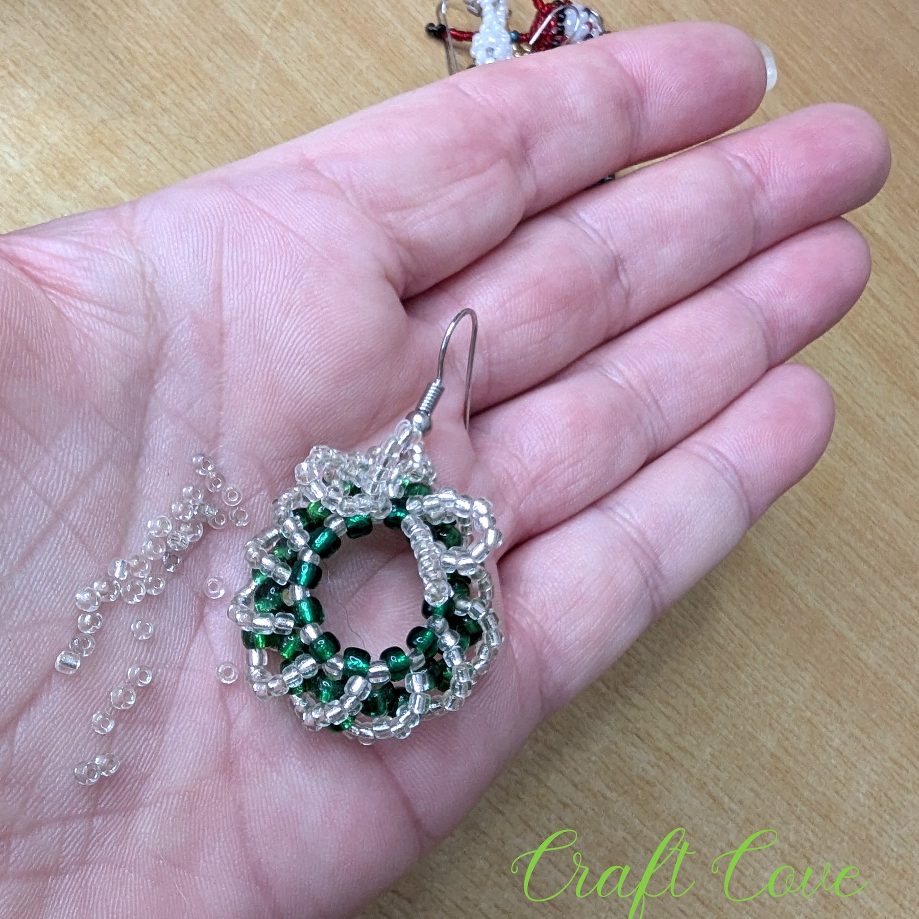 Festive Handmade Beaded Wreath Earrings – Green & Silver Sparkle