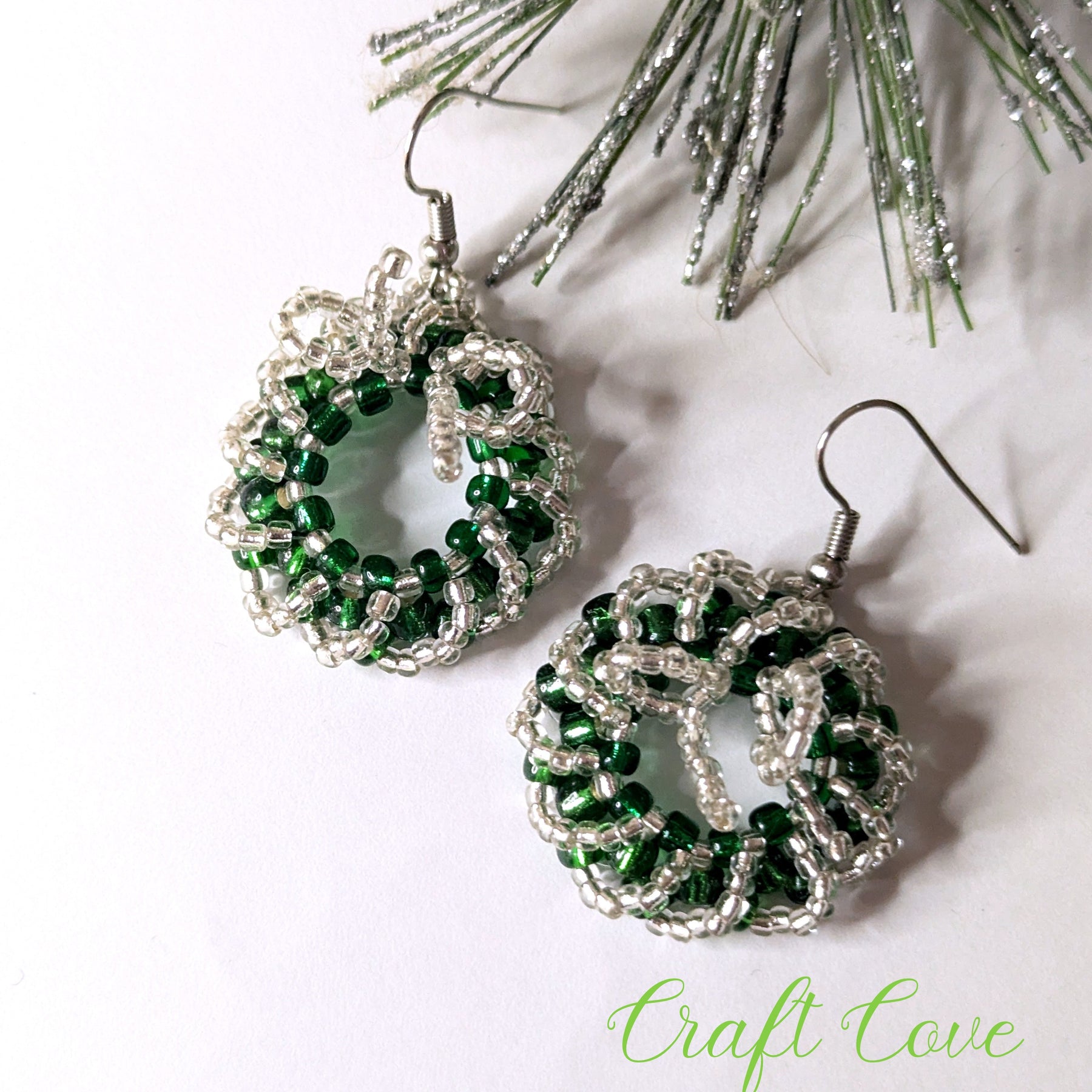 Festive Handmade Beaded Wreath Earrings – Green & Silver Sparkle