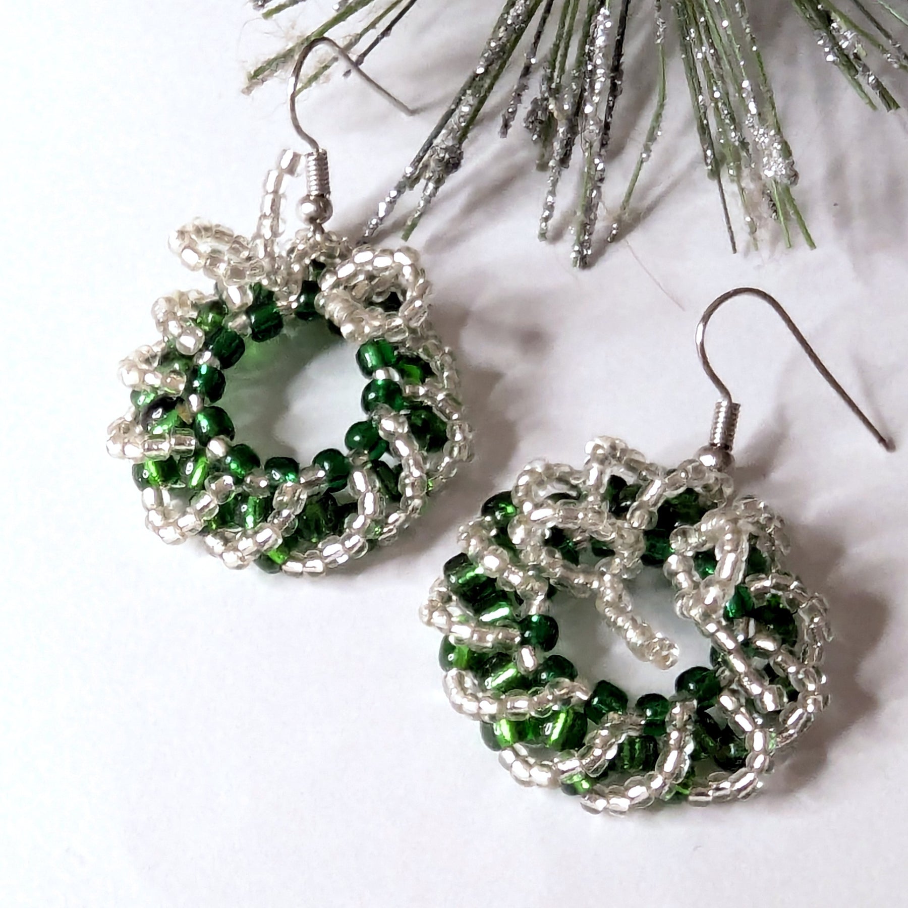 Festive Handmade Beaded Wreath Earrings – Green & Silver Sparkle