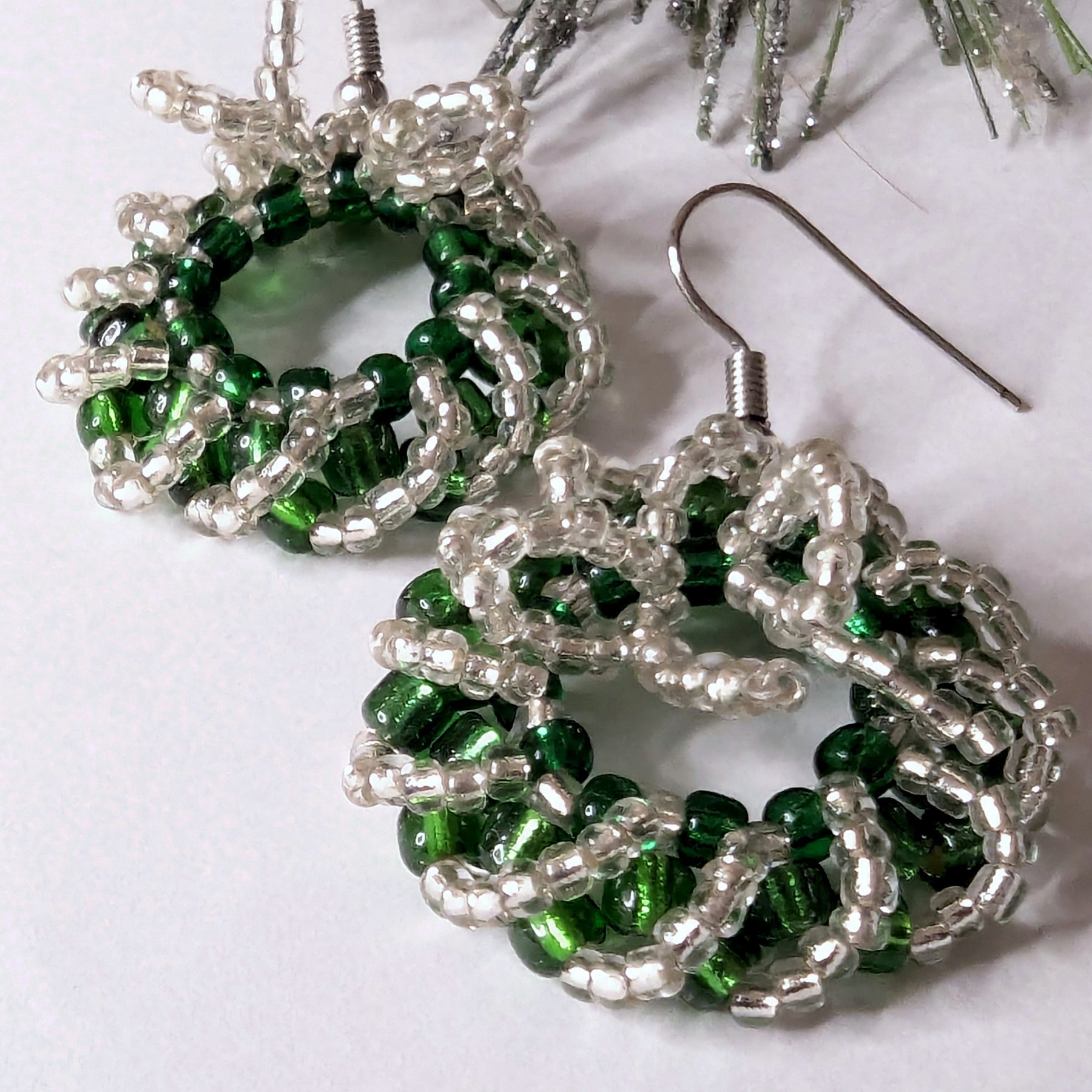 Festive Handmade Beaded Wreath Earrings – Green & Silver Sparkle