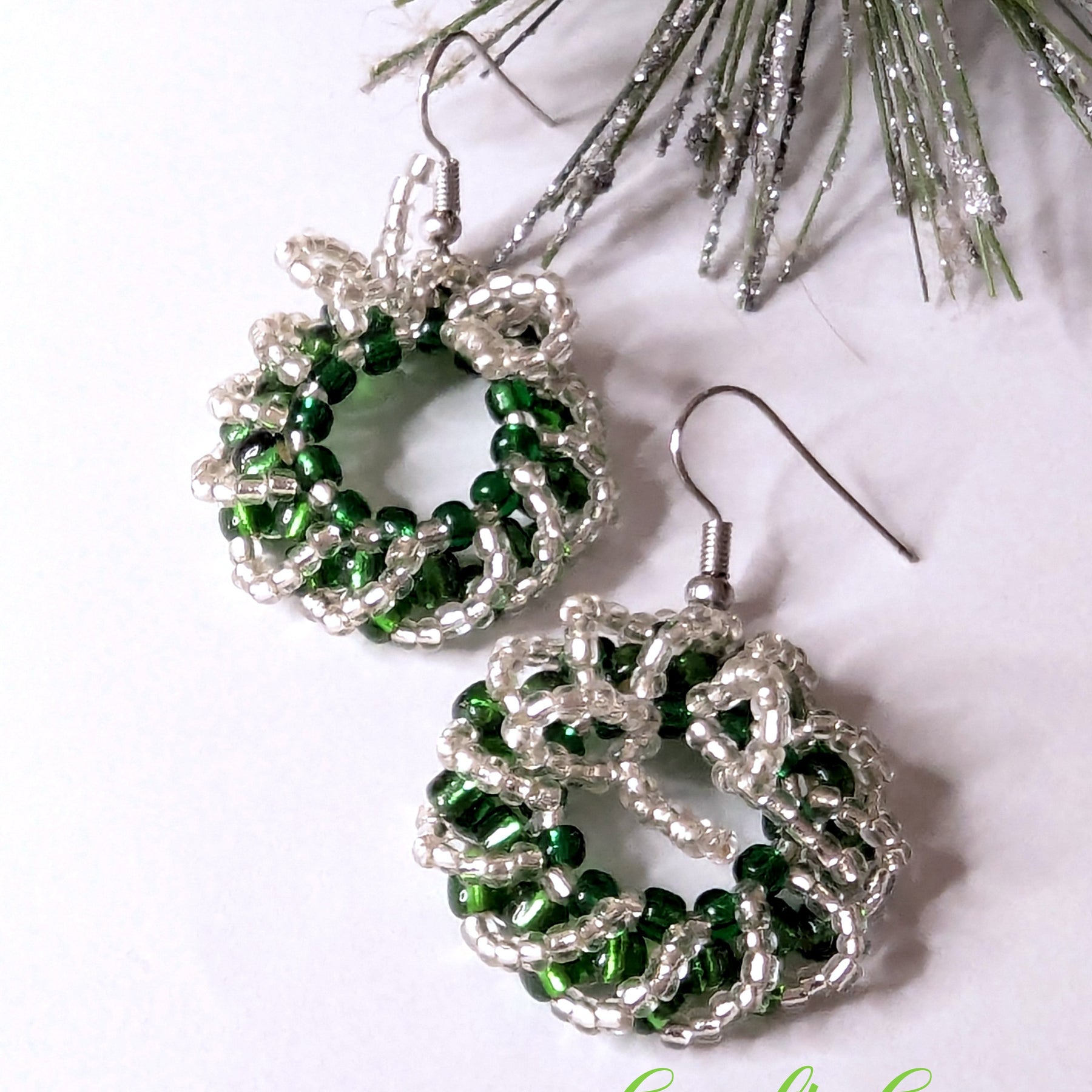 Festive Handmade Beaded Wreath Earrings – Green & Silver Sparkle