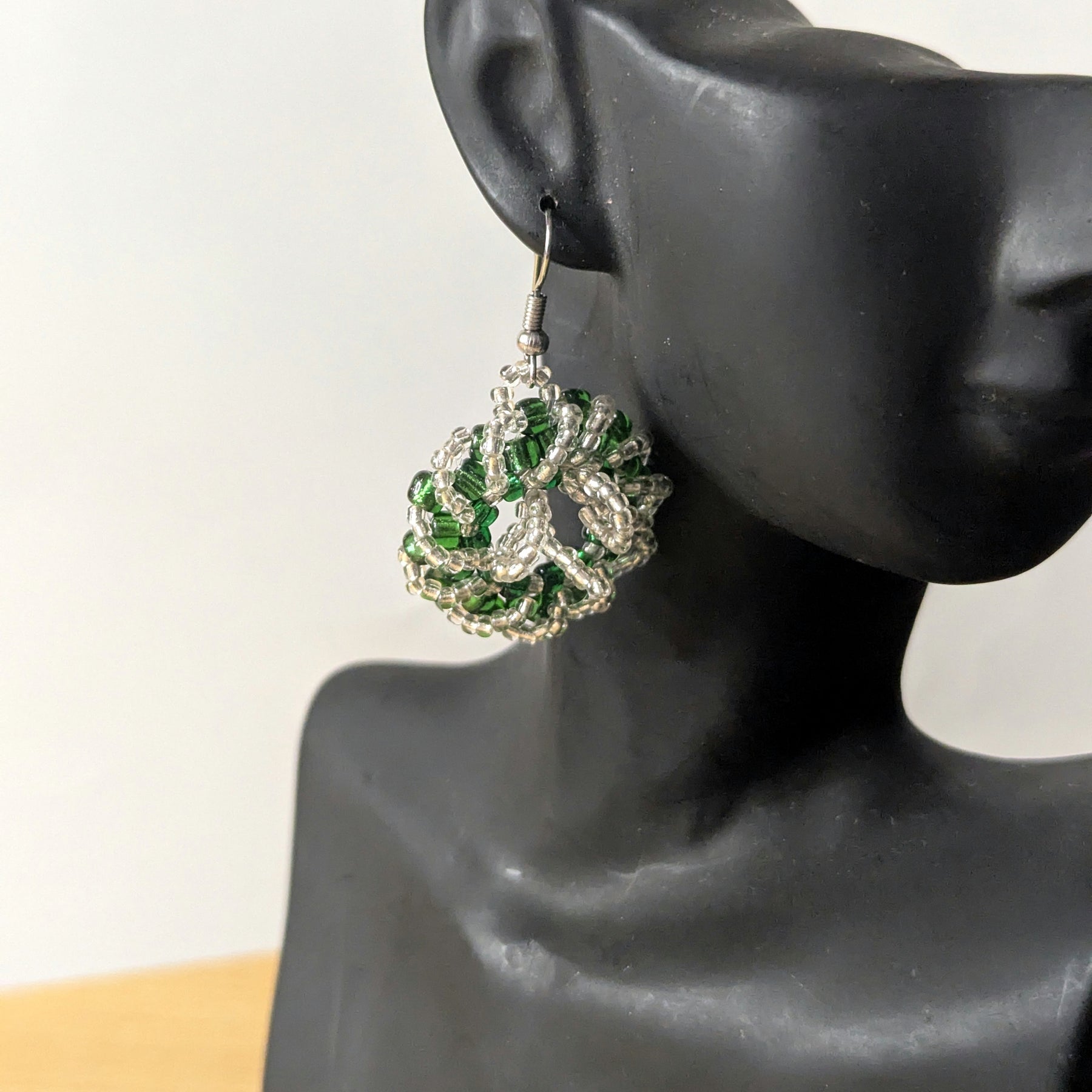Festive Handmade Beaded Wreath Earrings – Green & Silver Sparkle