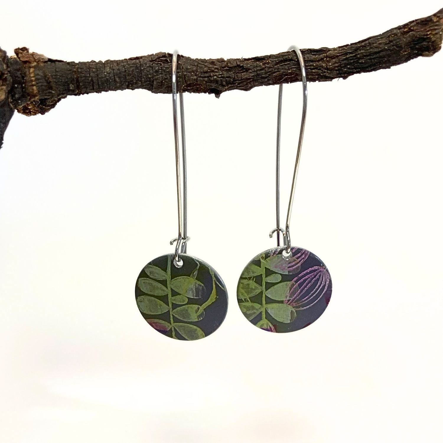 Anodised aluminium earrings hand printed - Bloom on Grey Collection