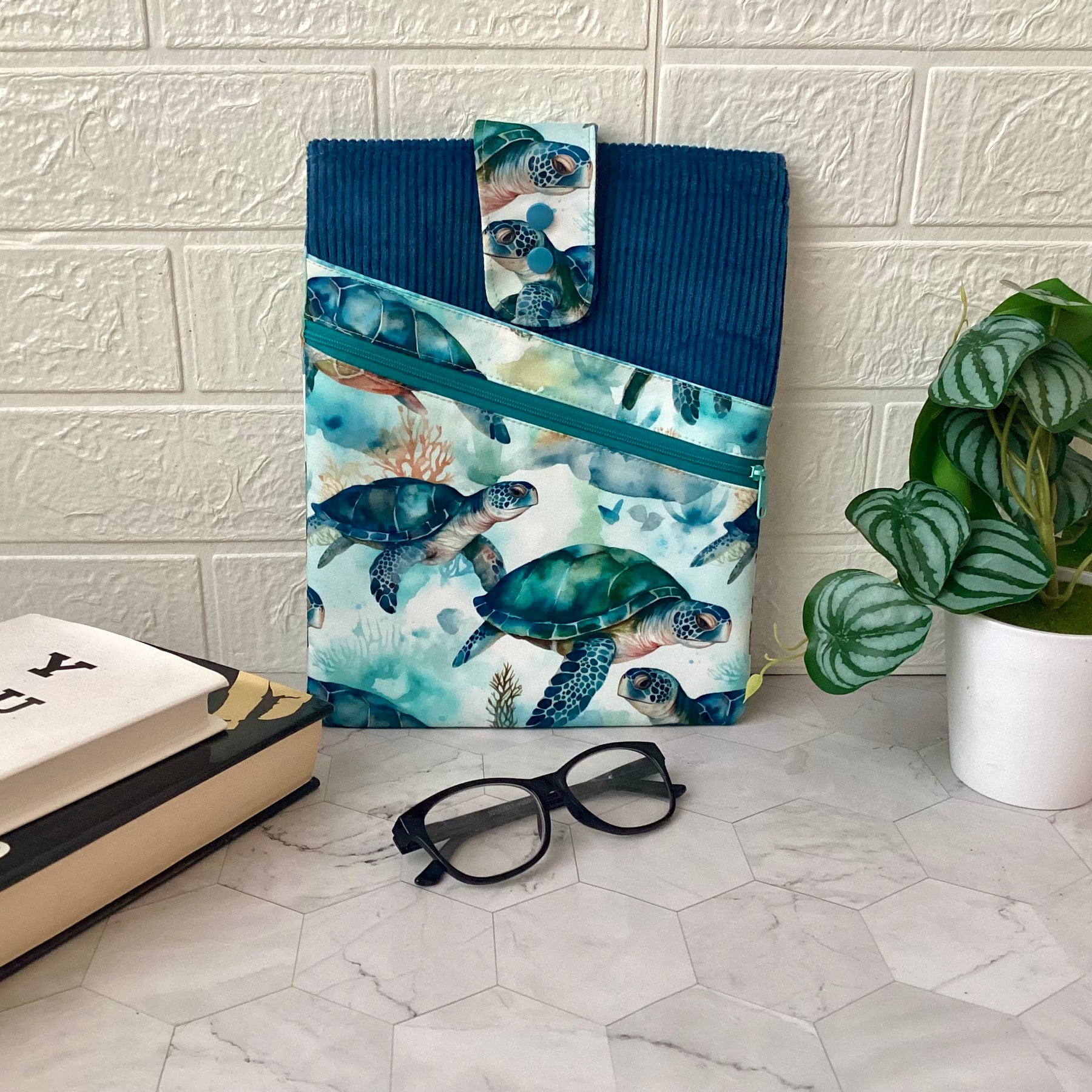 Sea turtle fabric book sleeve with 2 pockets. iPad, tablet pouch