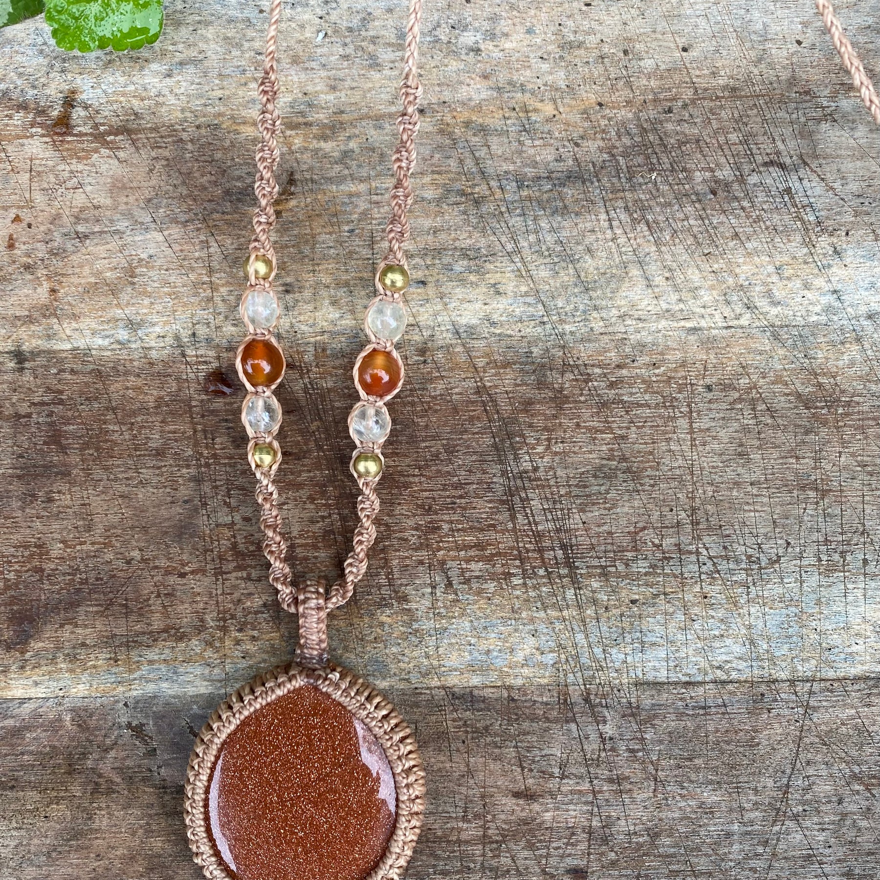 Goldstone Macrame Pendant Necklace, Carnelian Citrine Boho Style,