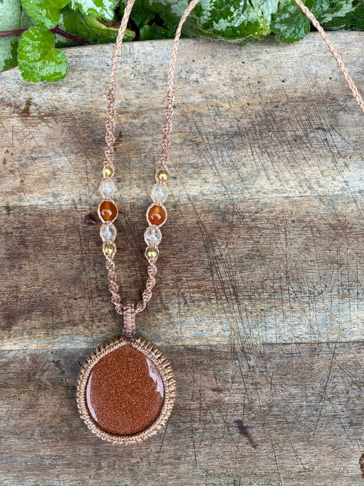 Goldstone Macrame Pendant Necklace, Carnelian Citrine Boho Style,