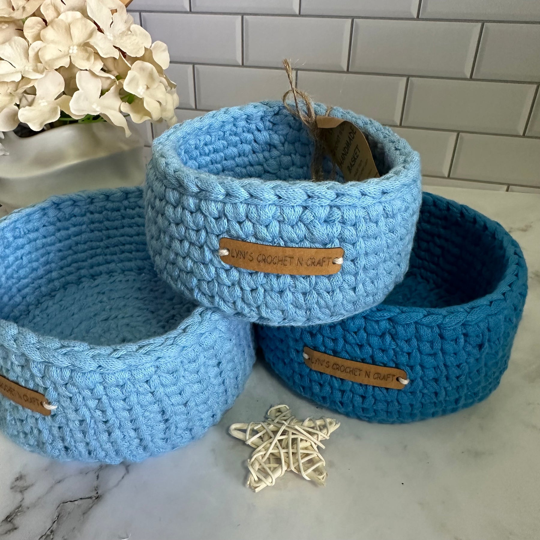 Handmade Crochet Blue Nesting Baskets