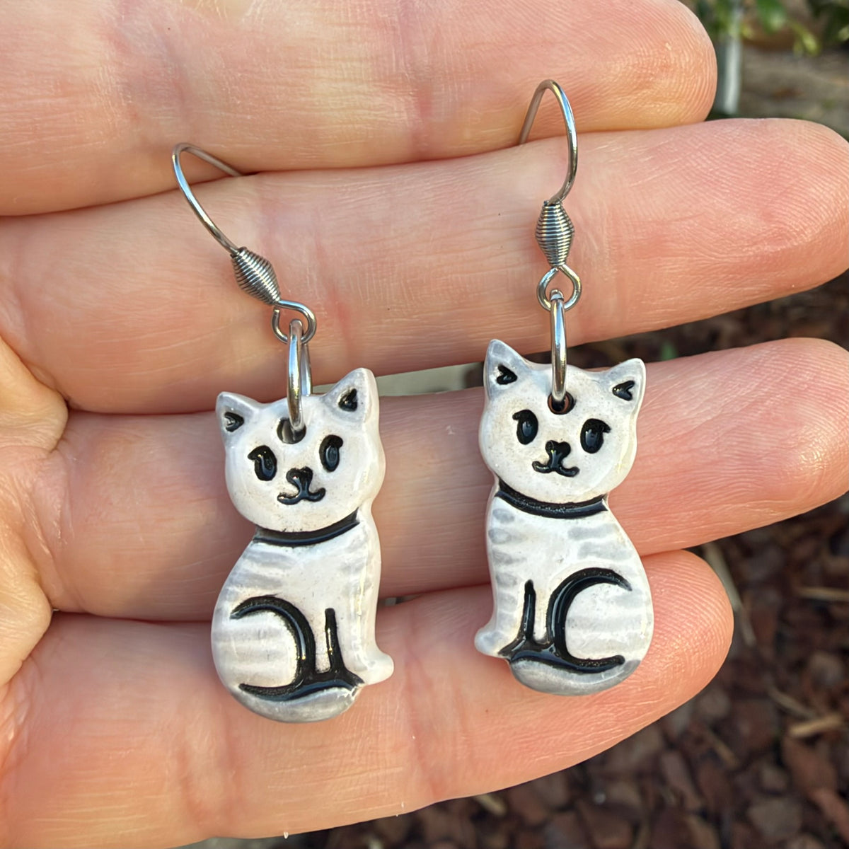 Ceramic Grey and White Cat Earrings
