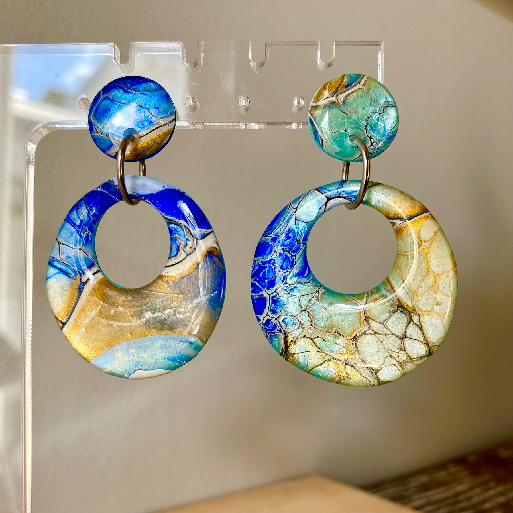 Hand Painted Turquoise Ultramarine Stud Dangle Earrings