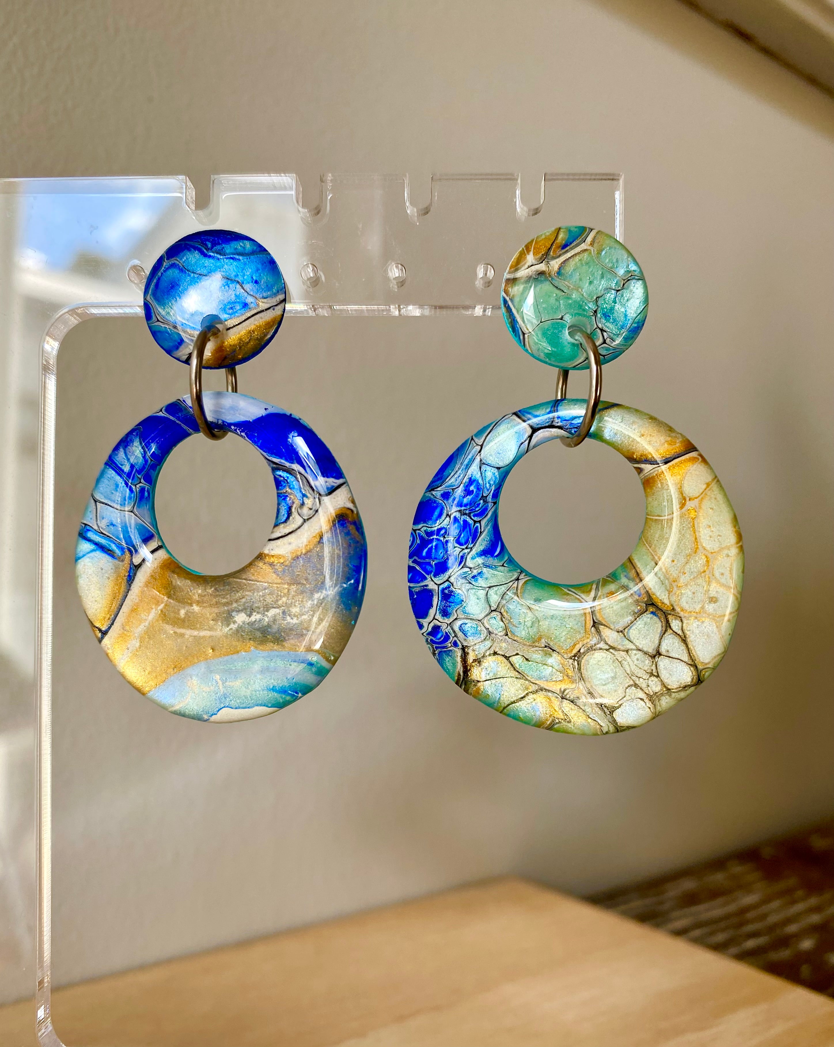 Hand Painted Turquoise Ultramarine Stud Dangle Earrings