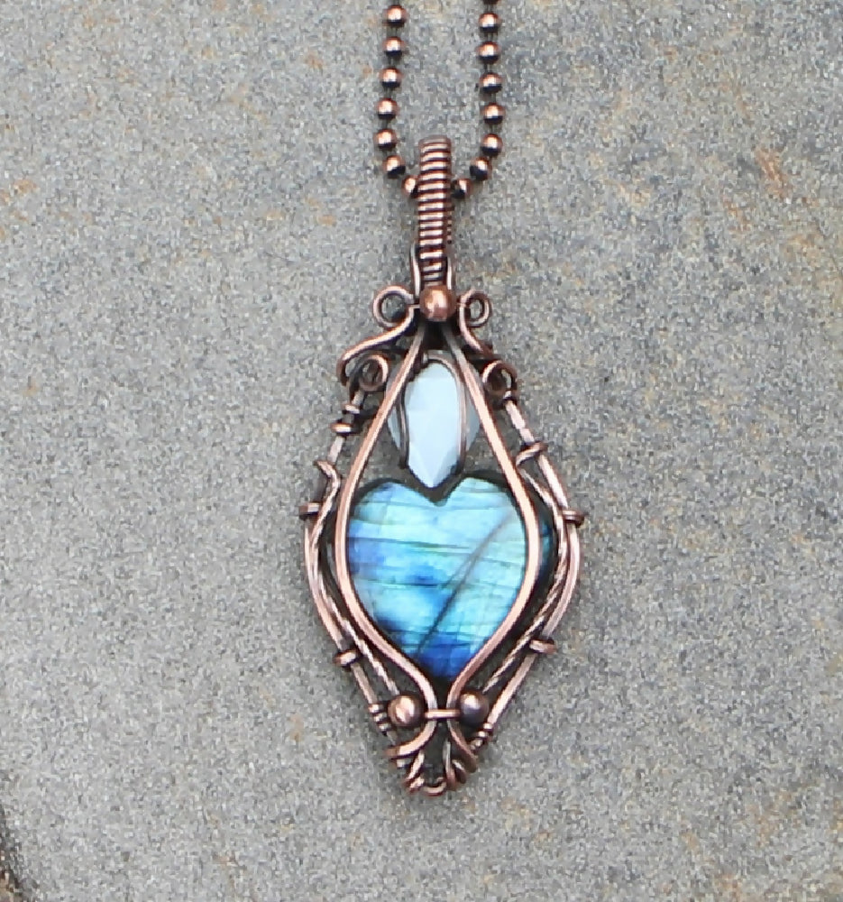 Blue Labradorite Heart with faceted White Moonstone in Copper with chain