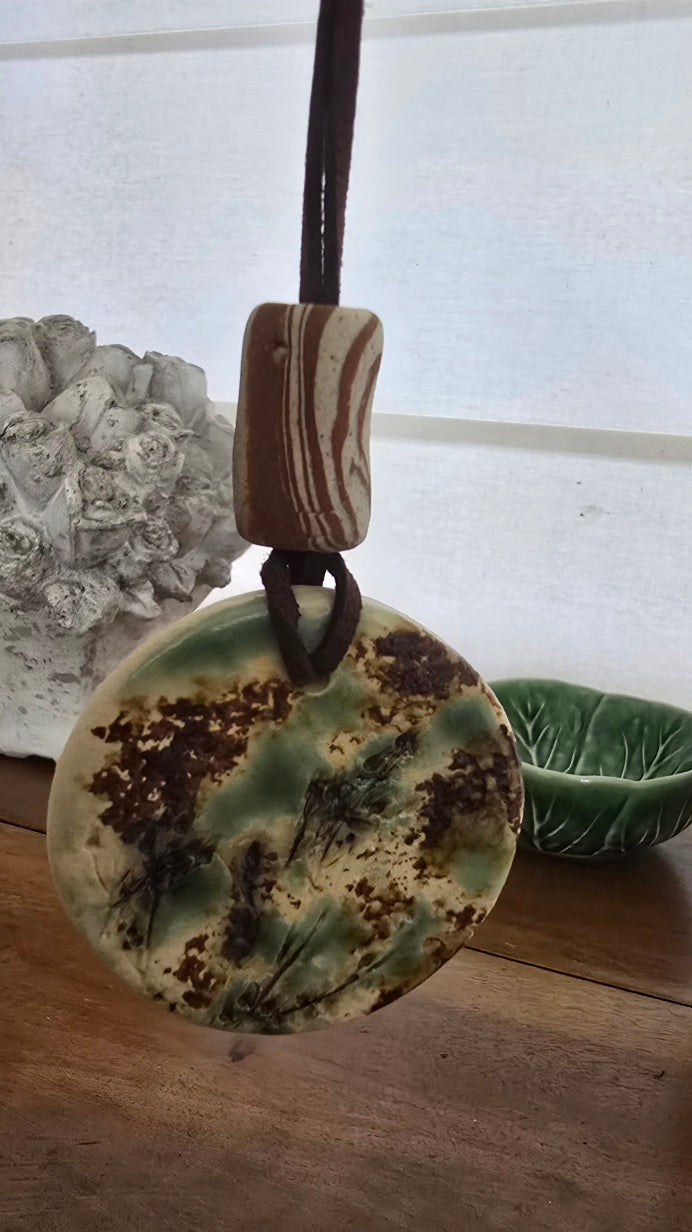Botanical Imprint Clay Pendant – Handmade Ceramic Necklace