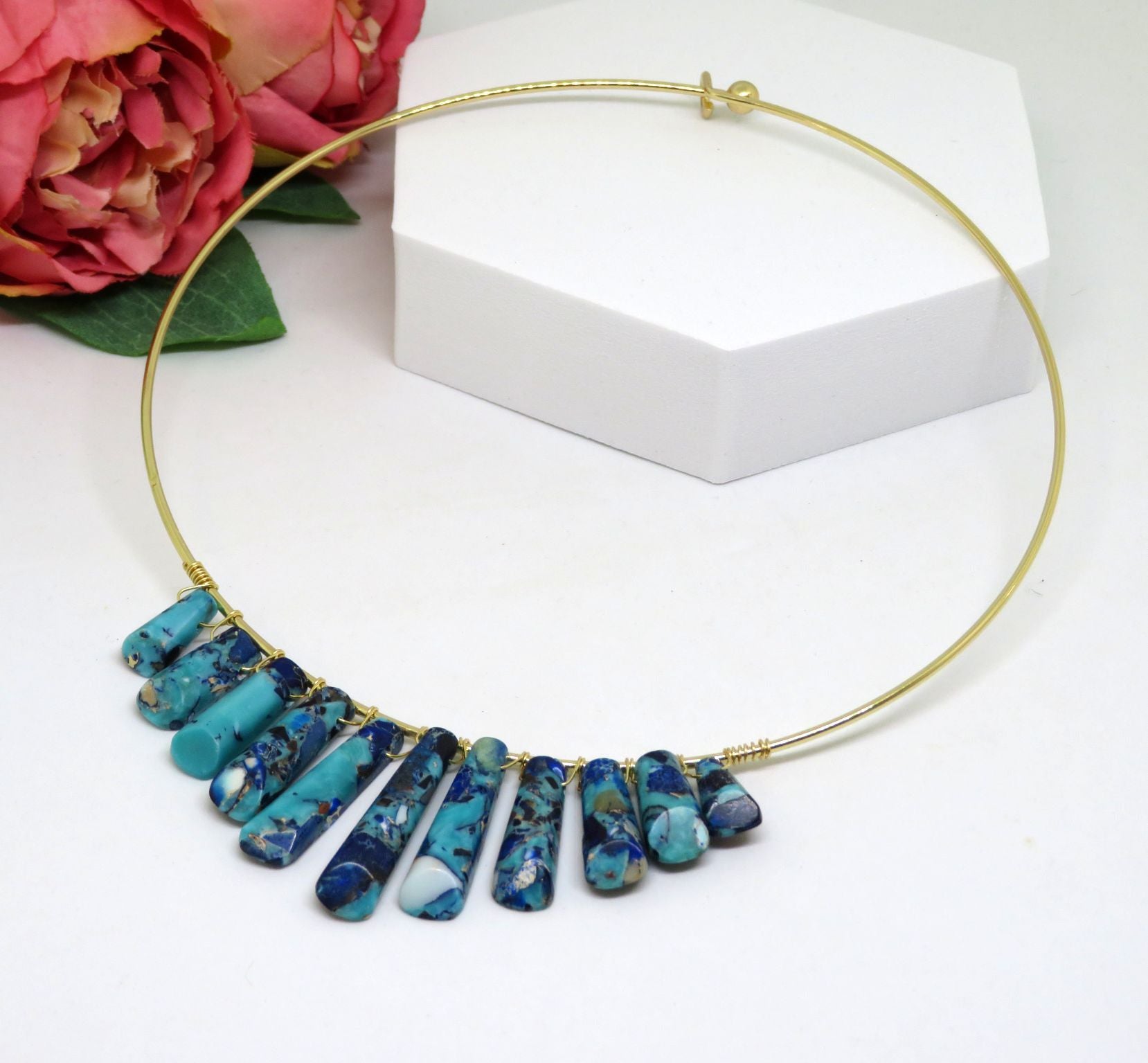 Bohemian Blue Wire Wrapped Gold Choker Necklace