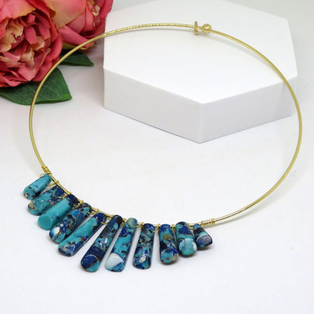 Bohemian Blue Wire Wrapped Gold Choker Necklace