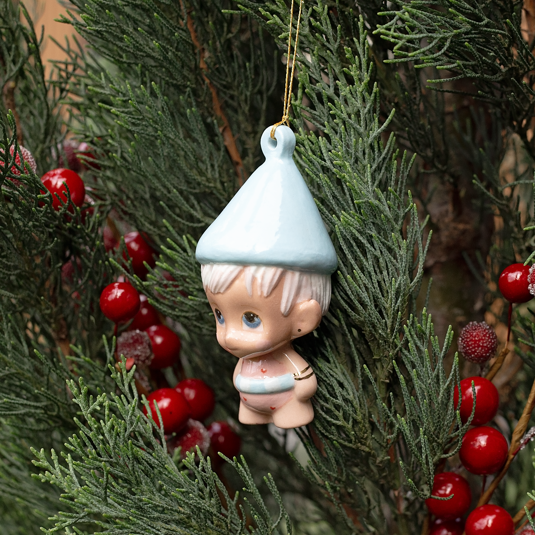 Handmade Porcelain Christmas ornament. One-of-a-kind. Shelly the Swim teacher Elf.