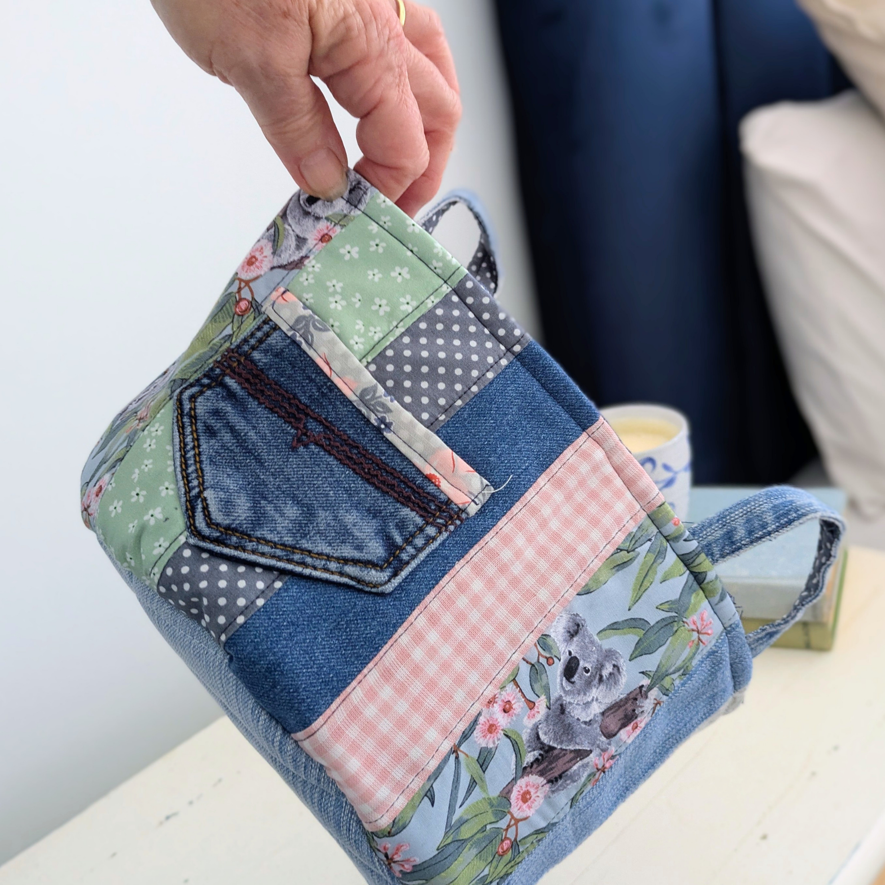 Upcycled Denim Bag Drawstring, Project Basket, Koalas