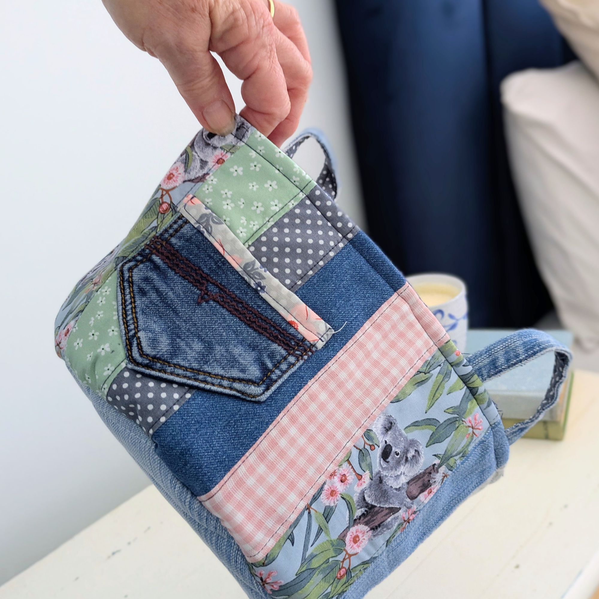 Upcycled Denim Bag Drawstring, Project Basket, Koalas
