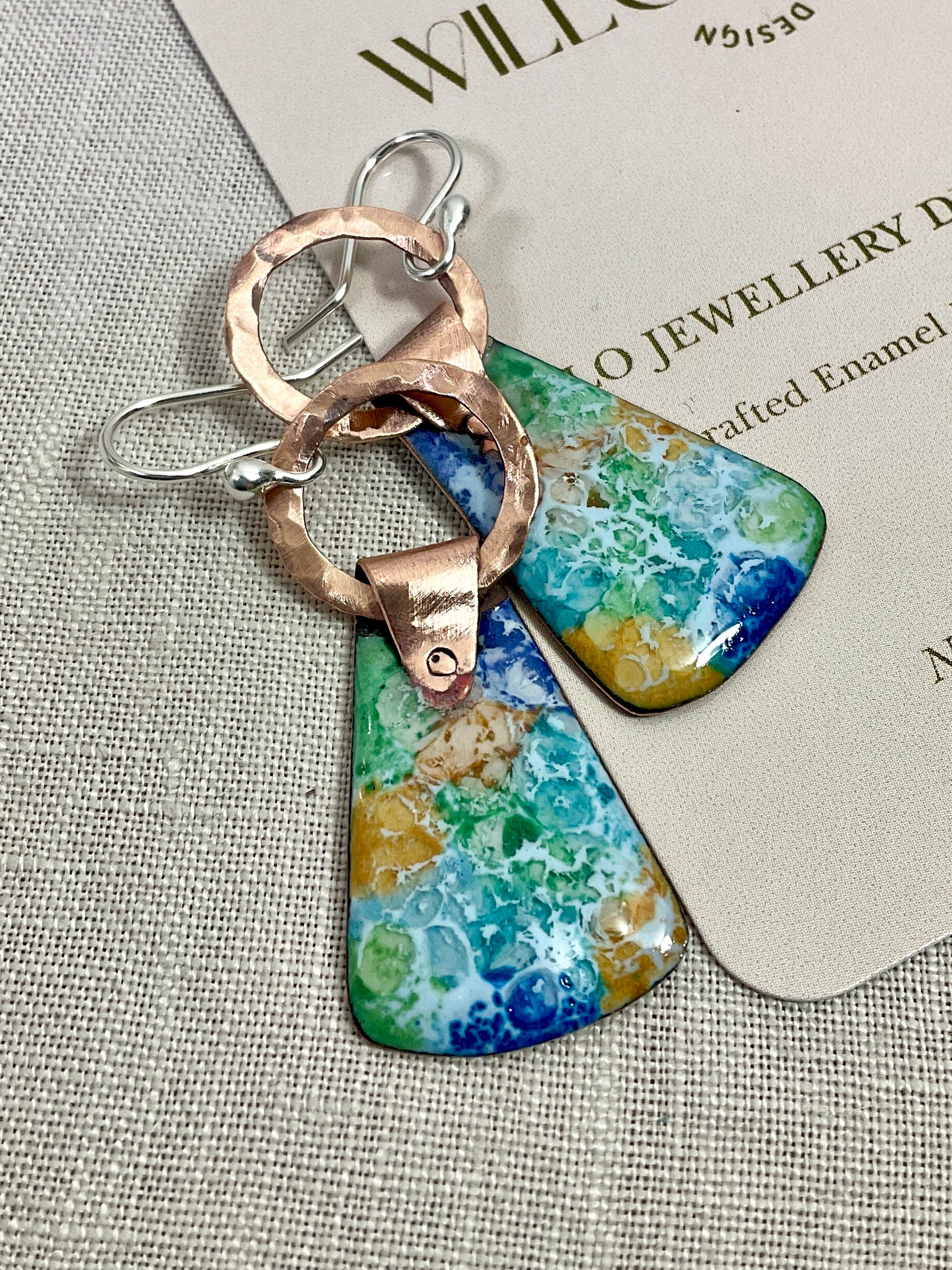 Enamel and copper earrings.