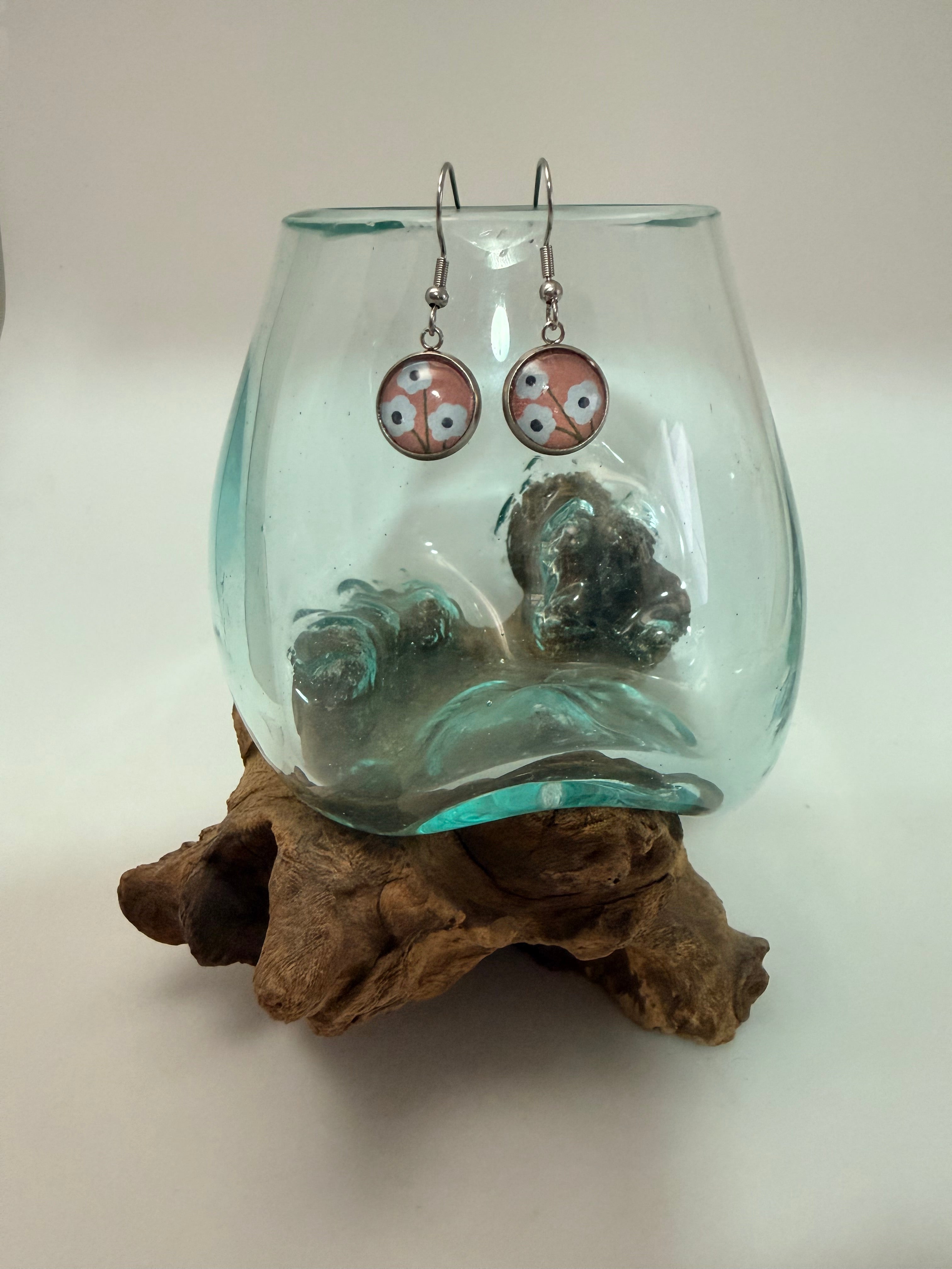 Handcrafted Floral Glass Cabochon Drop Earrings