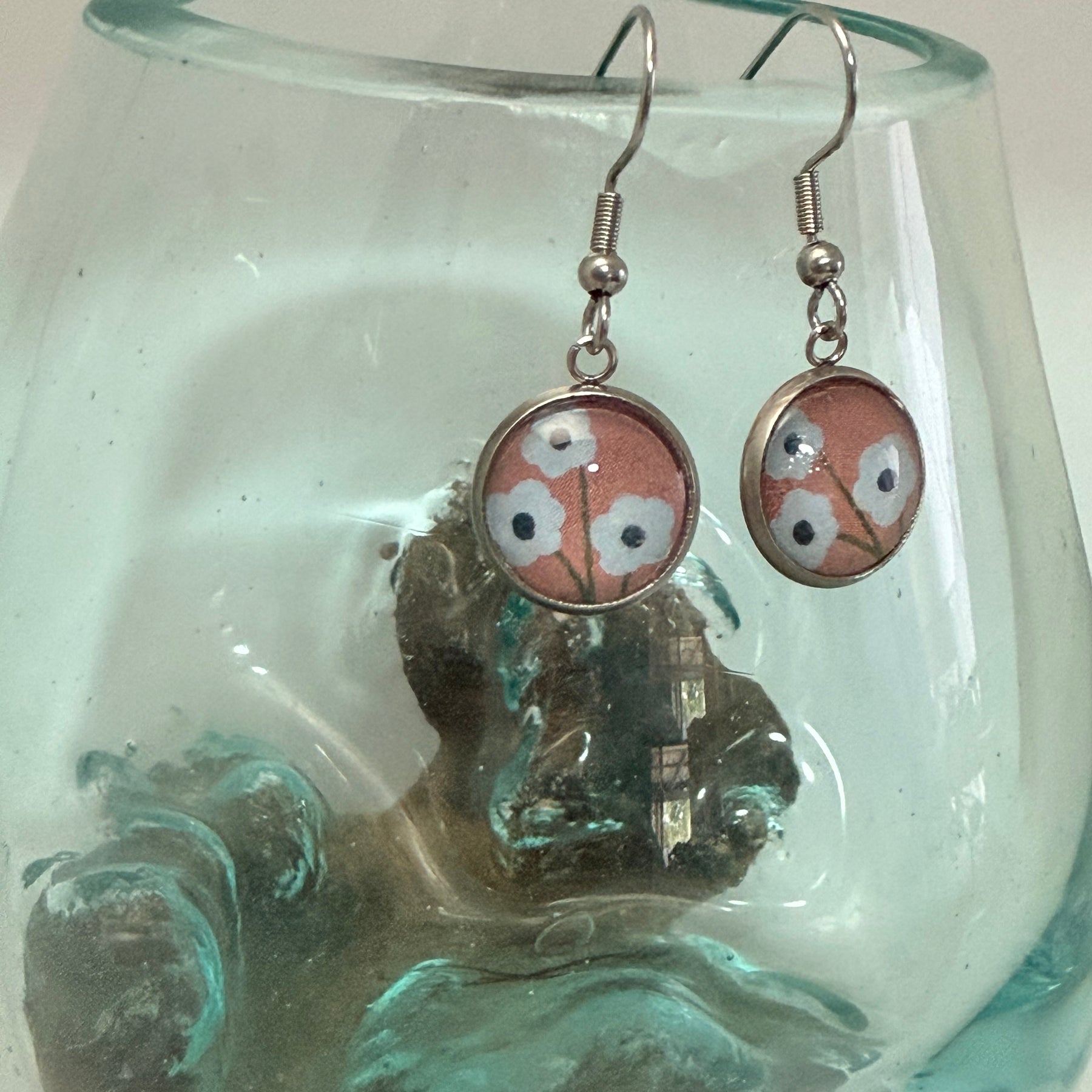 Handcrafted Floral Glass Cabochon Drop Earrings