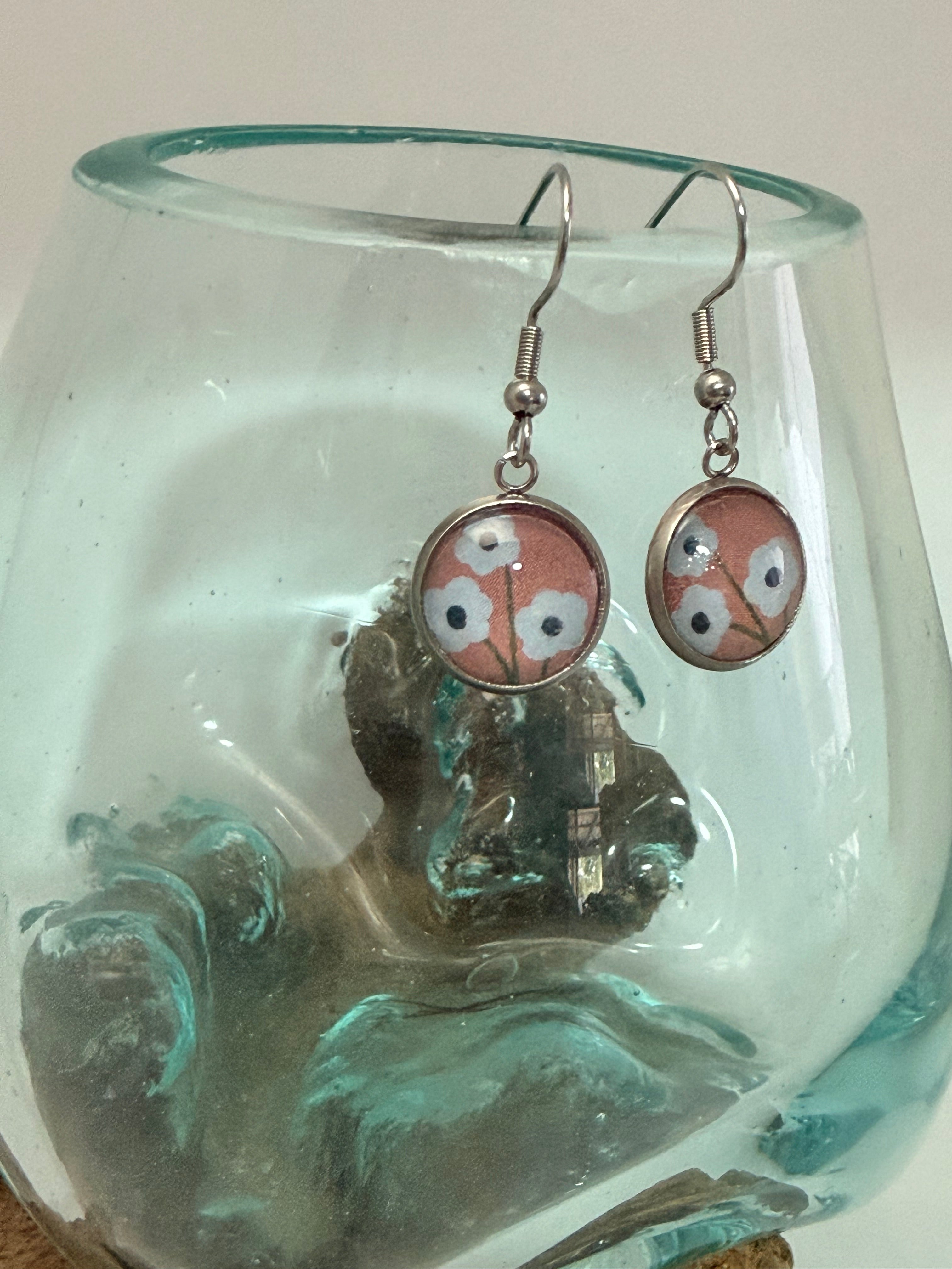 Handcrafted Floral Glass Cabochon Drop Earrings