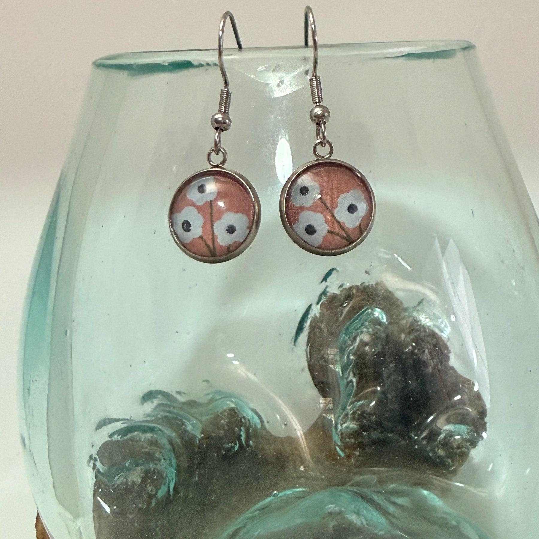 Handcrafted Floral Glass Cabochon Drop Earrings