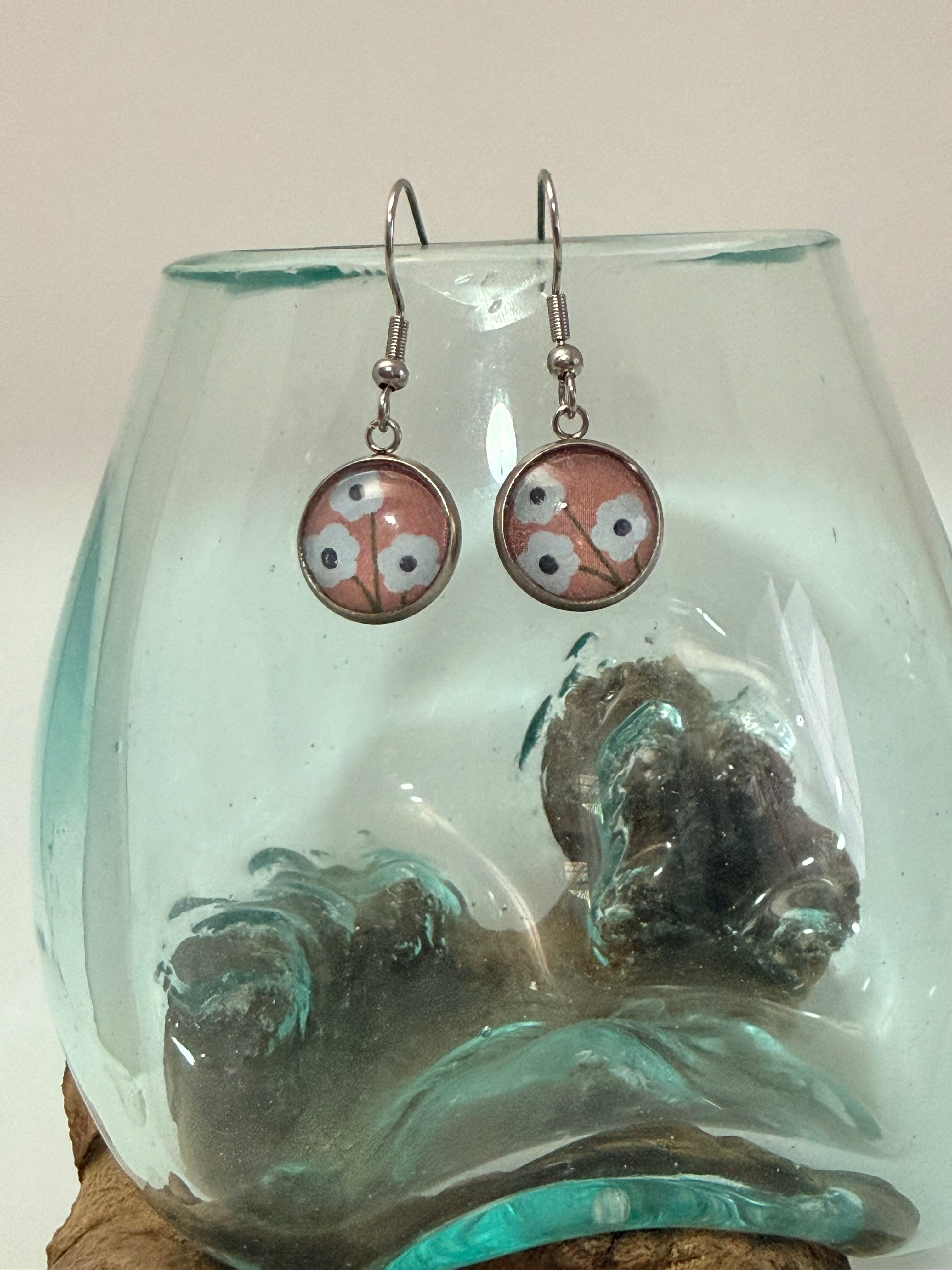 Handcrafted Floral Glass Cabochon Drop Earrings