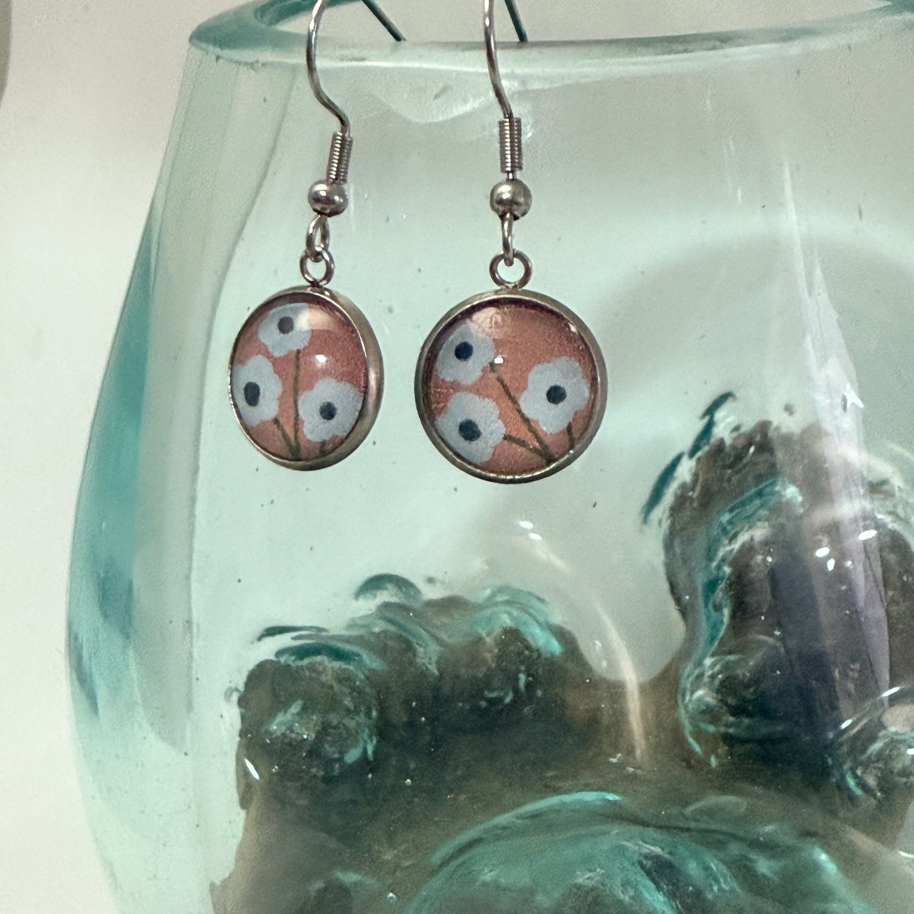 Handcrafted Floral Glass Cabochon Drop Earrings