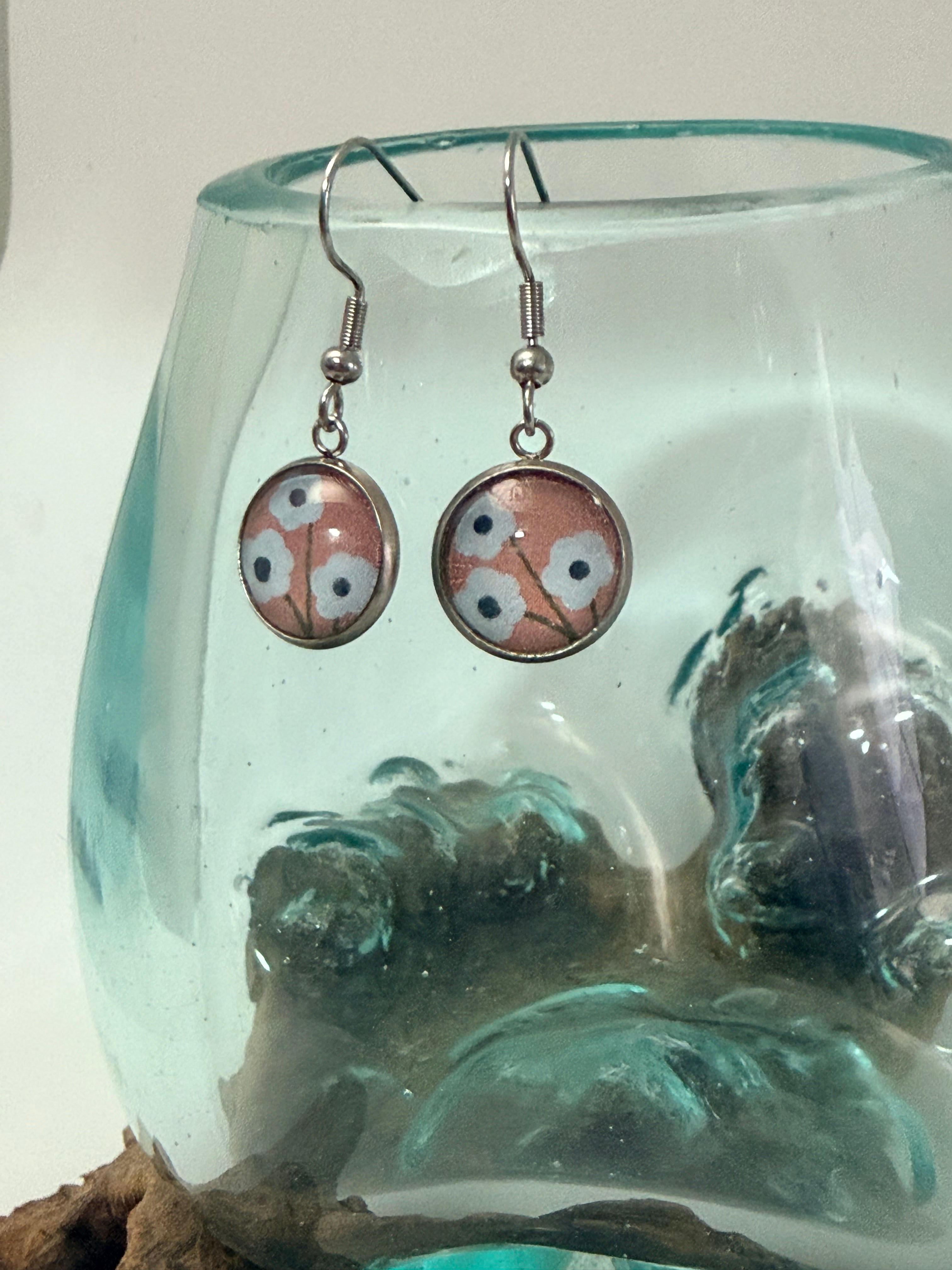 Handcrafted Floral Glass Cabochon Drop Earrings