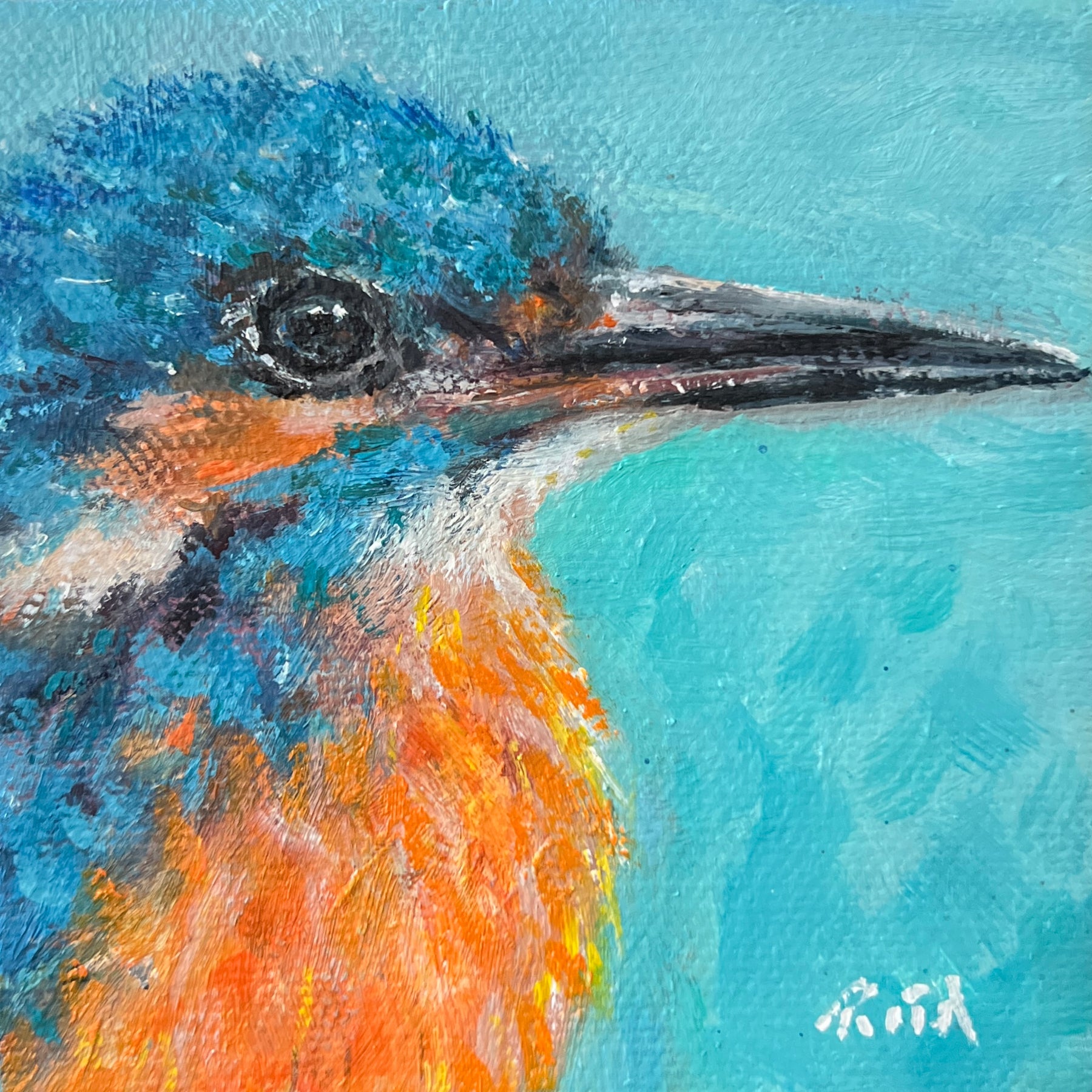 Original Kingfisher Oil Painting - 4x4" Small Bird Art
