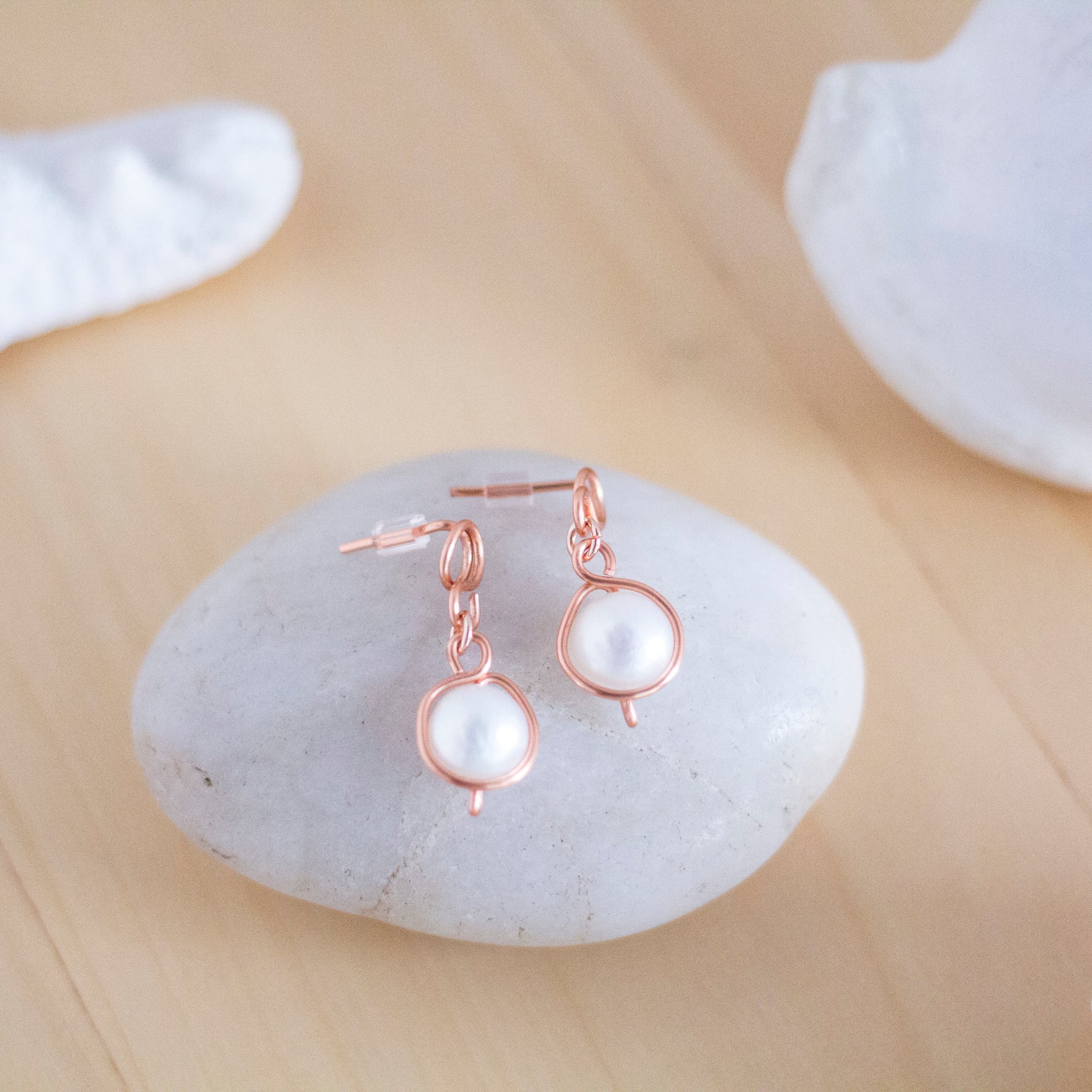 Baroque Pearl Bright Copper Loop Stud Earrings | Rose Gold Coloured