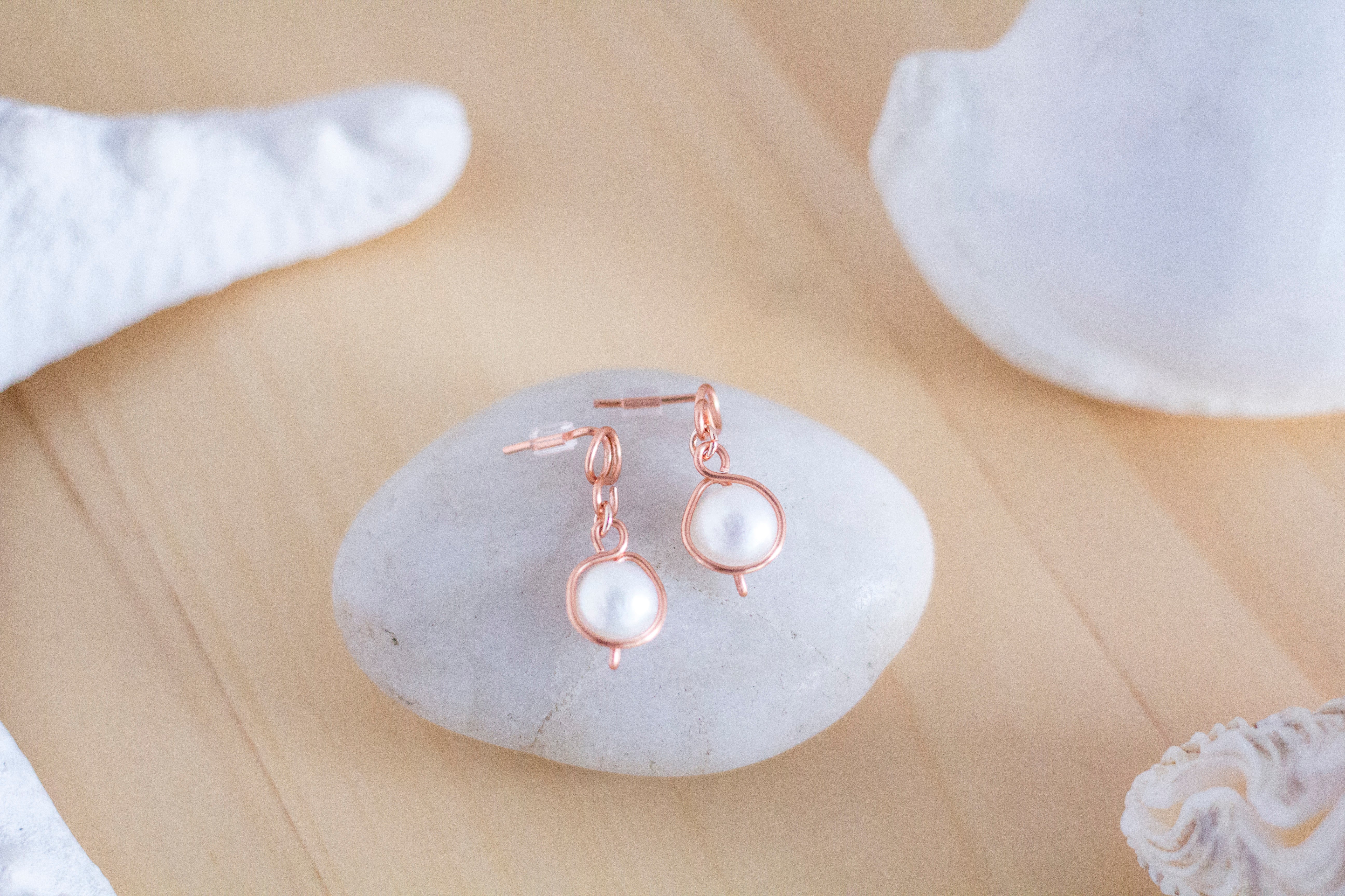 Baroque Pearl Bright Copper Loop Stud Earrings | Rose Gold Coloured