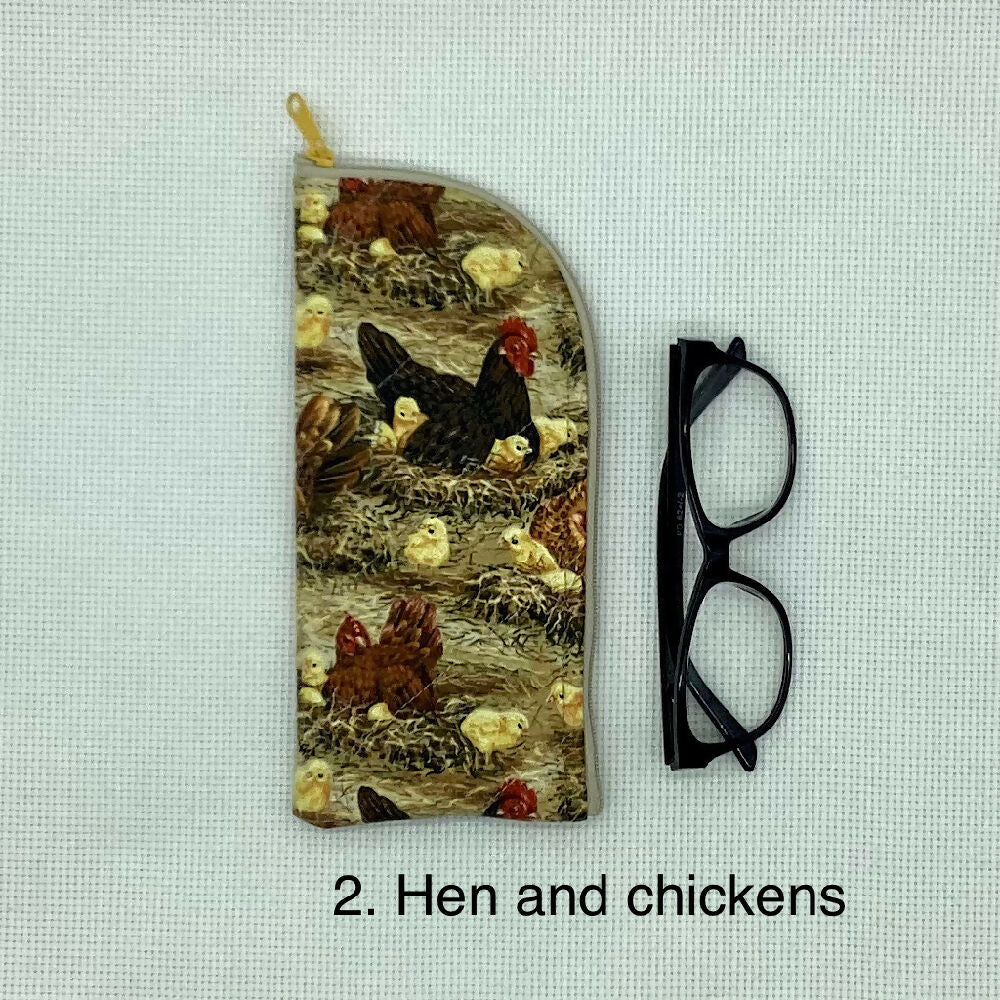 Hen And Chickens curved top zip pouch for glasses, phones, handbag organiser, etc.