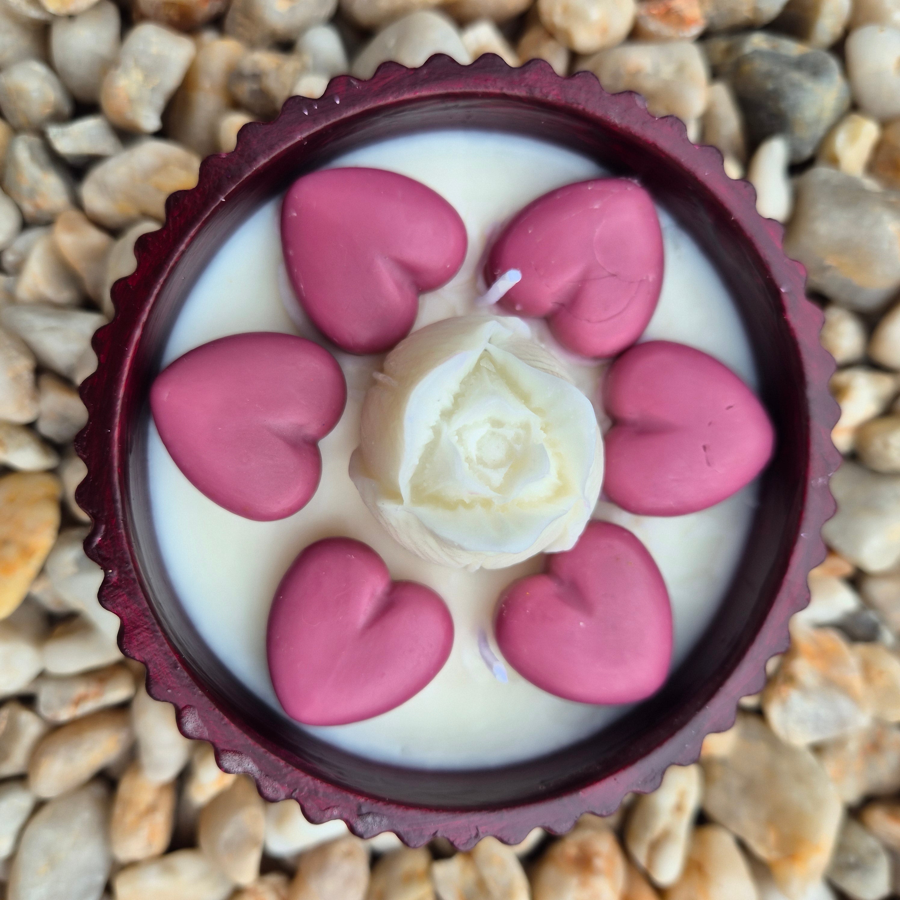 Round burgundy concrete bowl candle with tulip flower