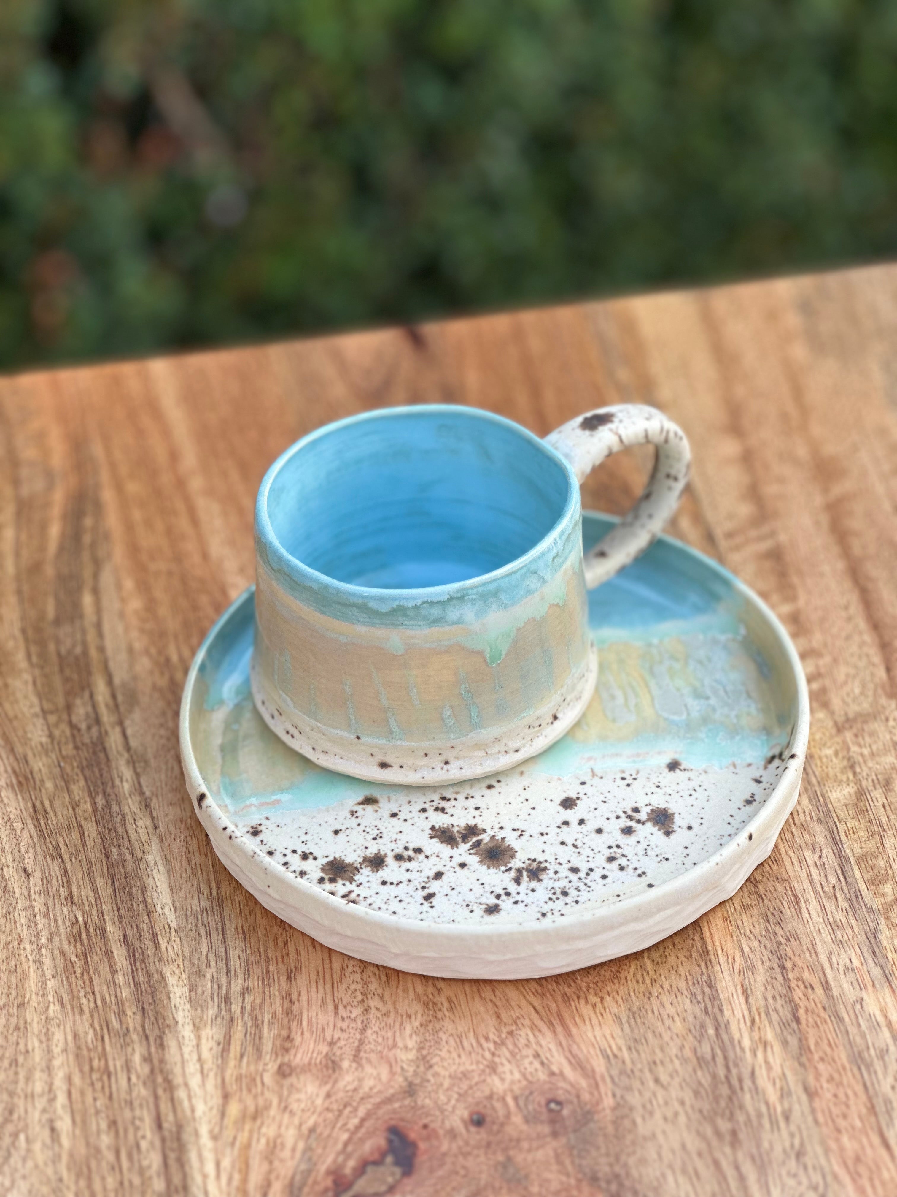 Ceramic Mug and Plate Set - Coastal Blue - Handmade Australian Pottery