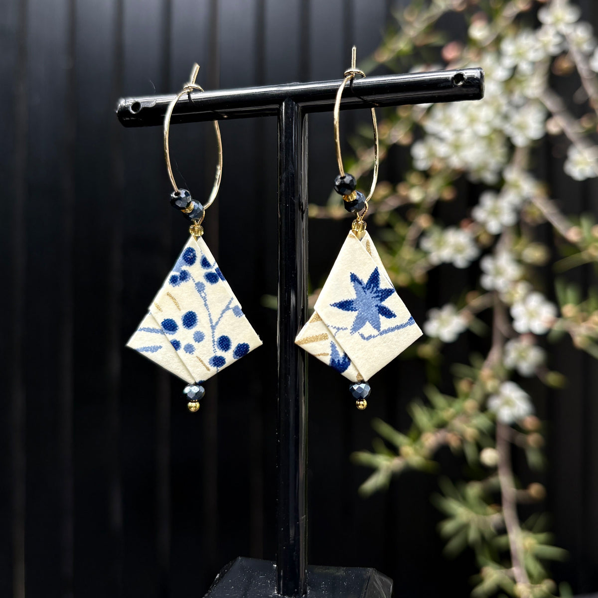 Origami Hoop Earrings – Blue and Gold Autumn Leaves on Japanese paper