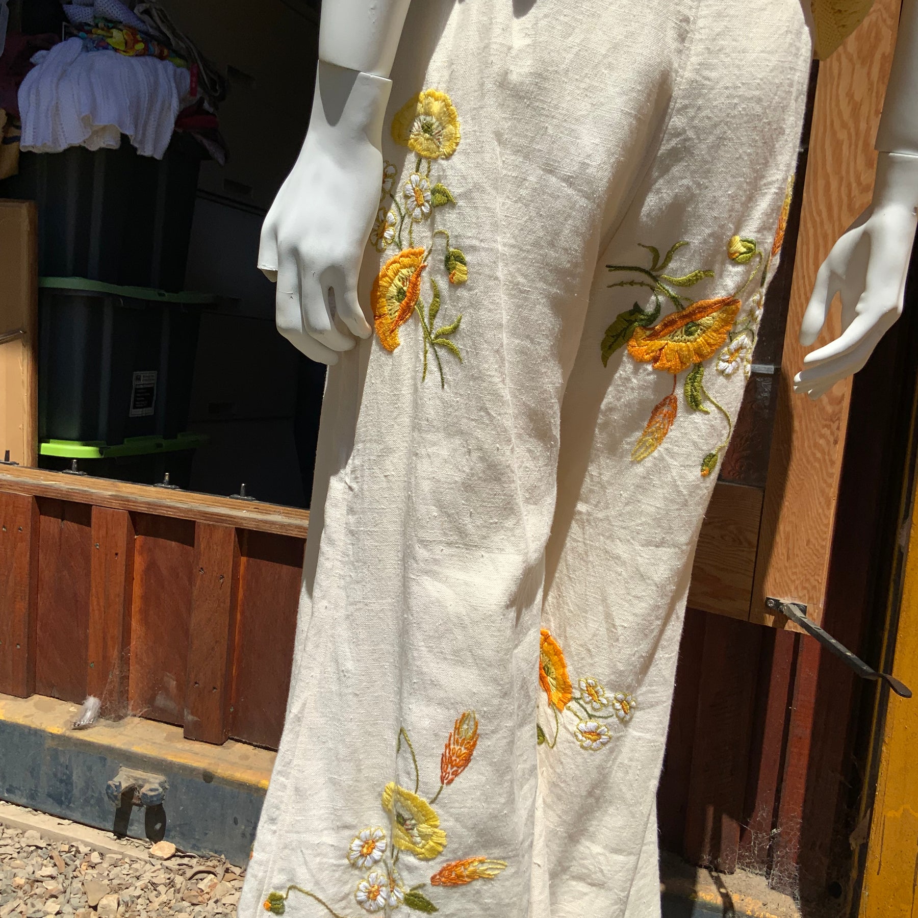Upcycled embroidered linen tablecloth into "Flower Power" Bell Bottoms