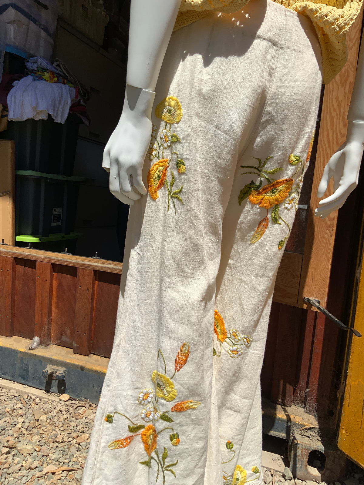Upcycled embroidered linen tablecloth into "Flower Power" Bell Bottoms