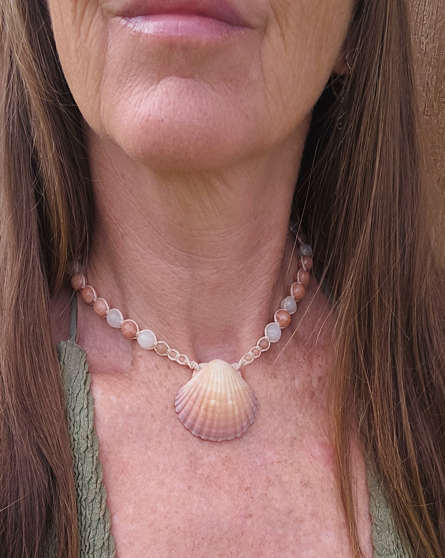 Scallop Shell Necklace with Peach Calcite, Rose Quartz, Sunstone