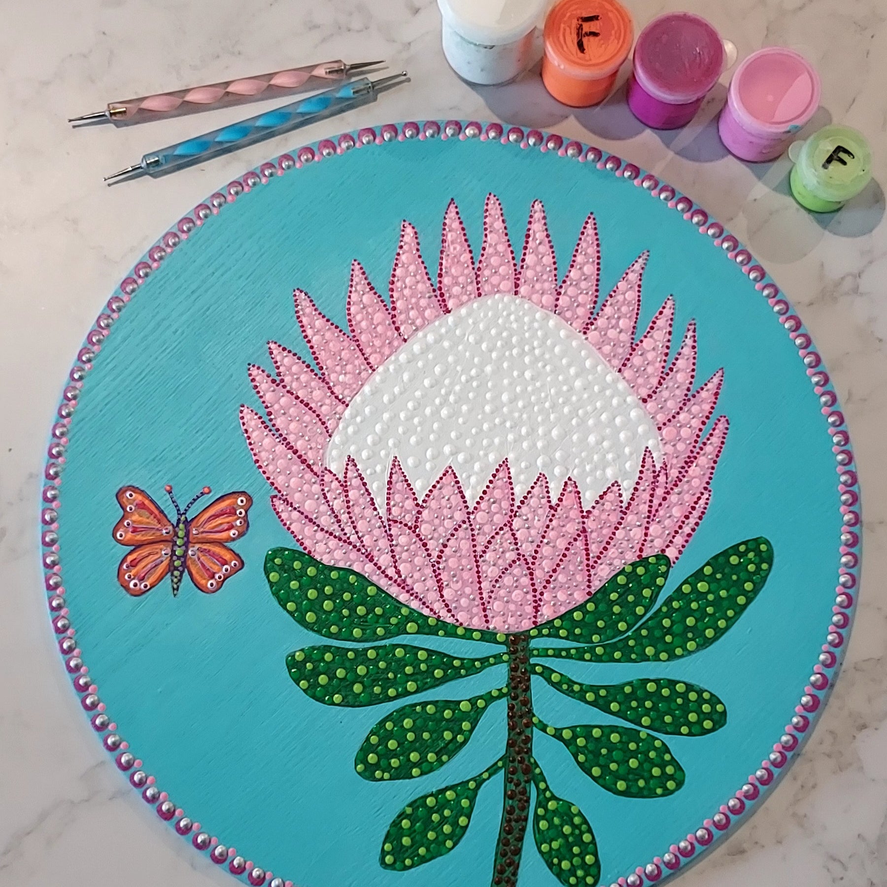 New Original design Dot Art  called " Pink Protea"