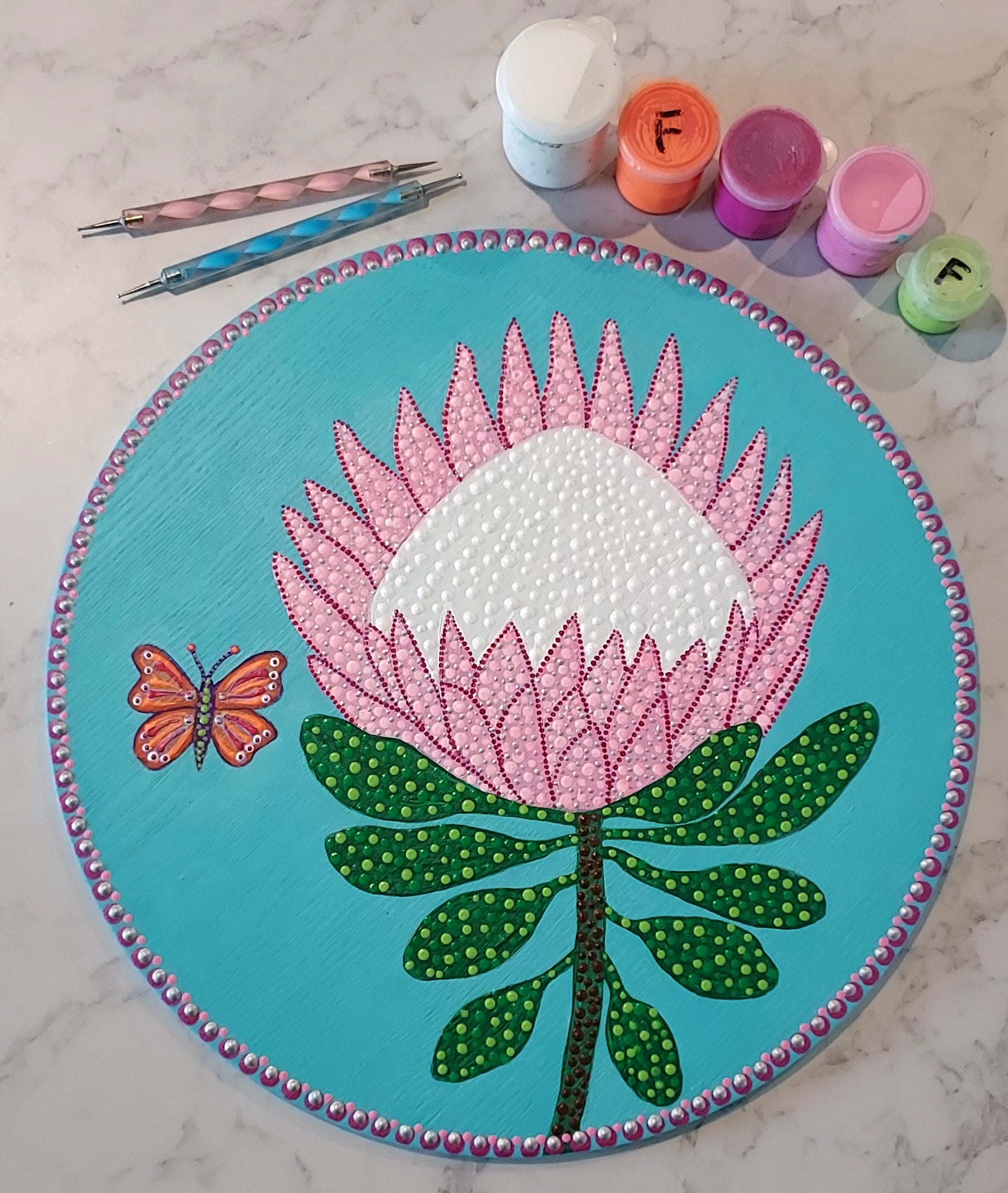 New Original design Dot Art  called " Pink Protea"