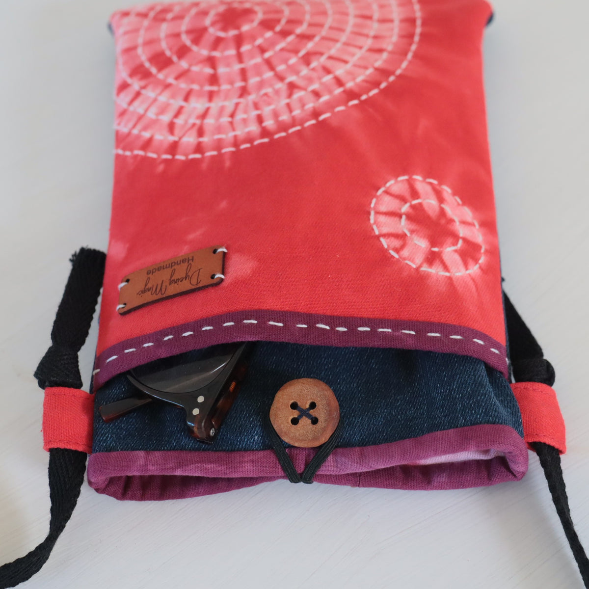 Tie Dyed Cross Body bag for Phone and Glasses, Phone Sling, red, upcycled jeans