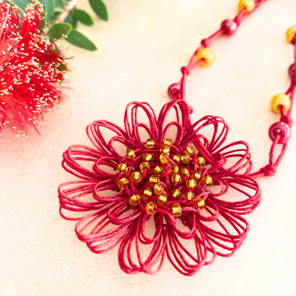 Handmade Red Flower Christmas Necklace | Celebration Moment | Woven Bloom Moments Collection